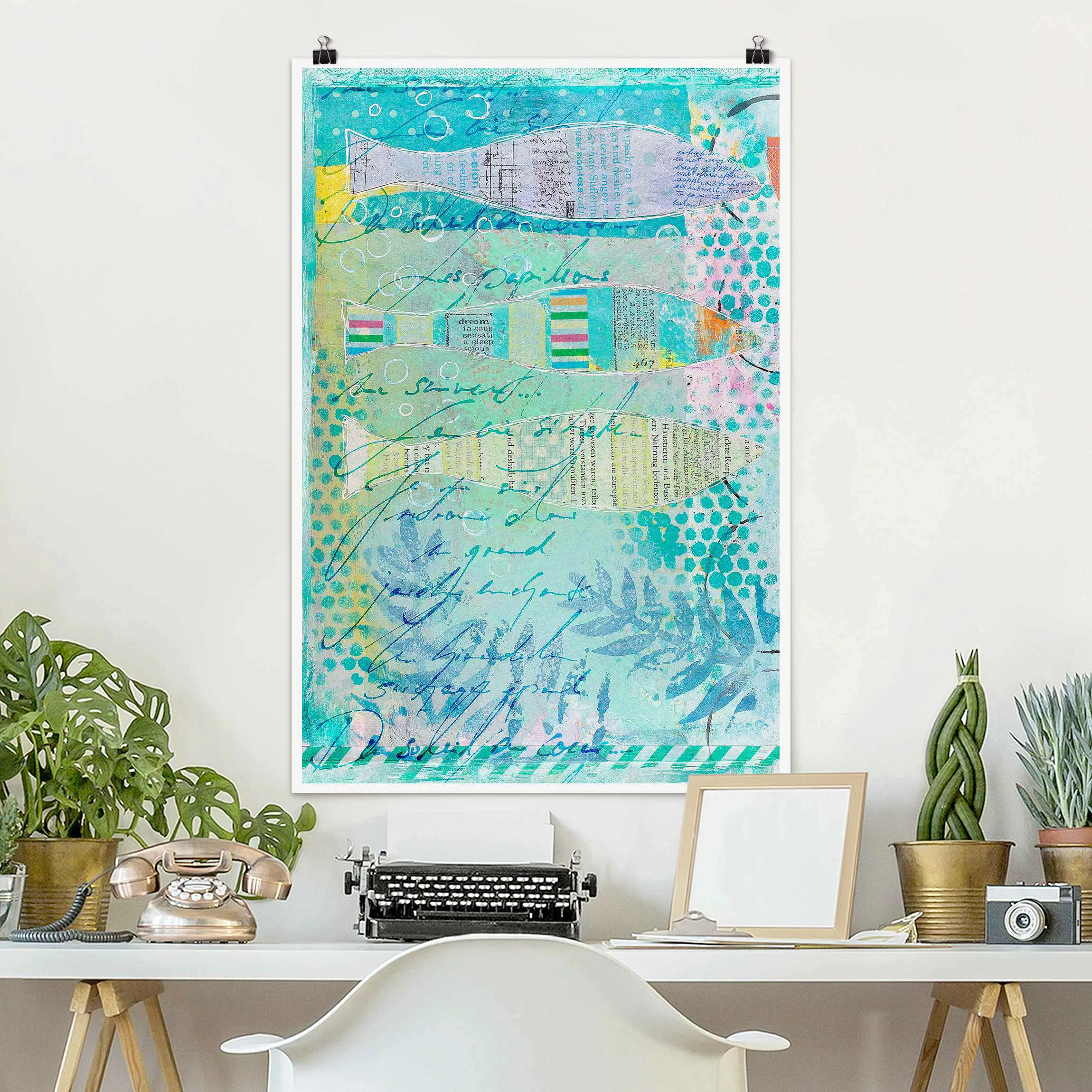 Poster Bunte Collage - Fische und Punkte günstig online kaufen