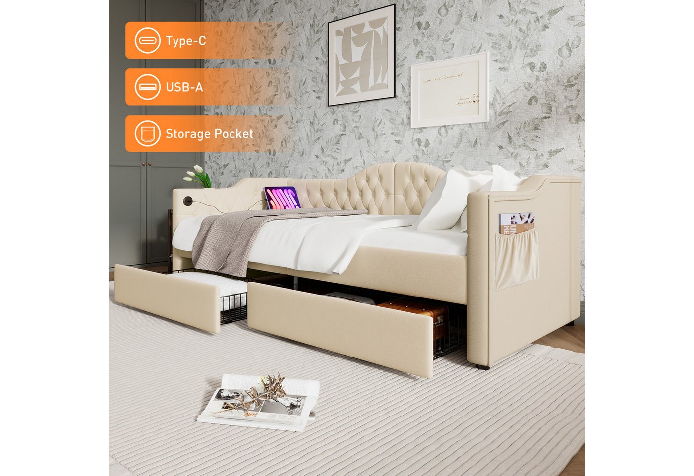 REDOM Daybett Tagesbett Schlafsofa (90x190cm), mit USB Type C Ladefunktion günstig online kaufen