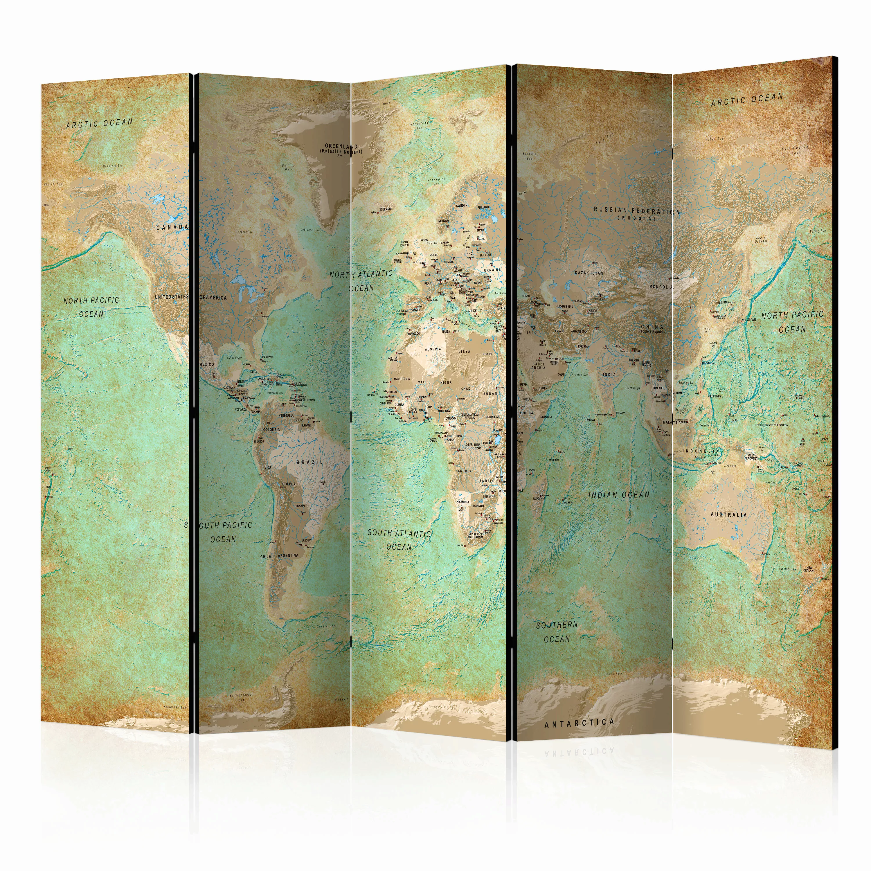 5-teiliges Paravent - Turquoise World Map  [room Dividers] günstig online kaufen