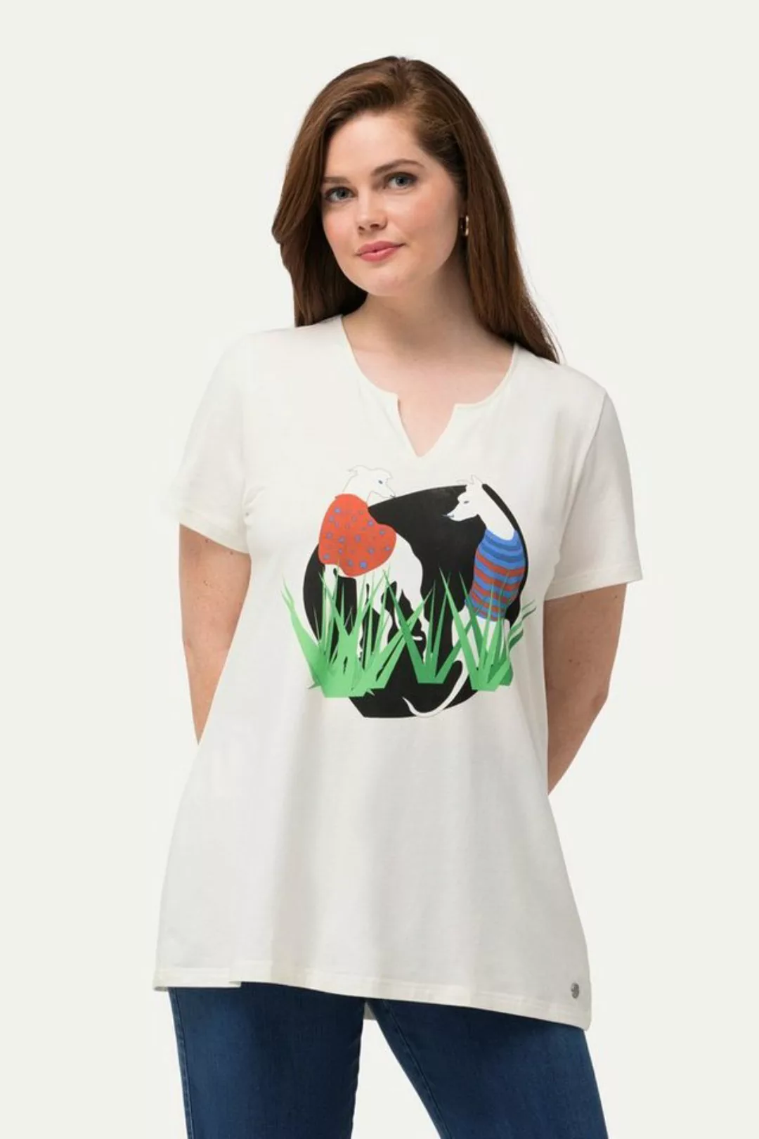 Ulla Popken Rundhalsshirt T-Shirt Wildhund A-Linie Tunika-Ausschnitt Halbar günstig online kaufen