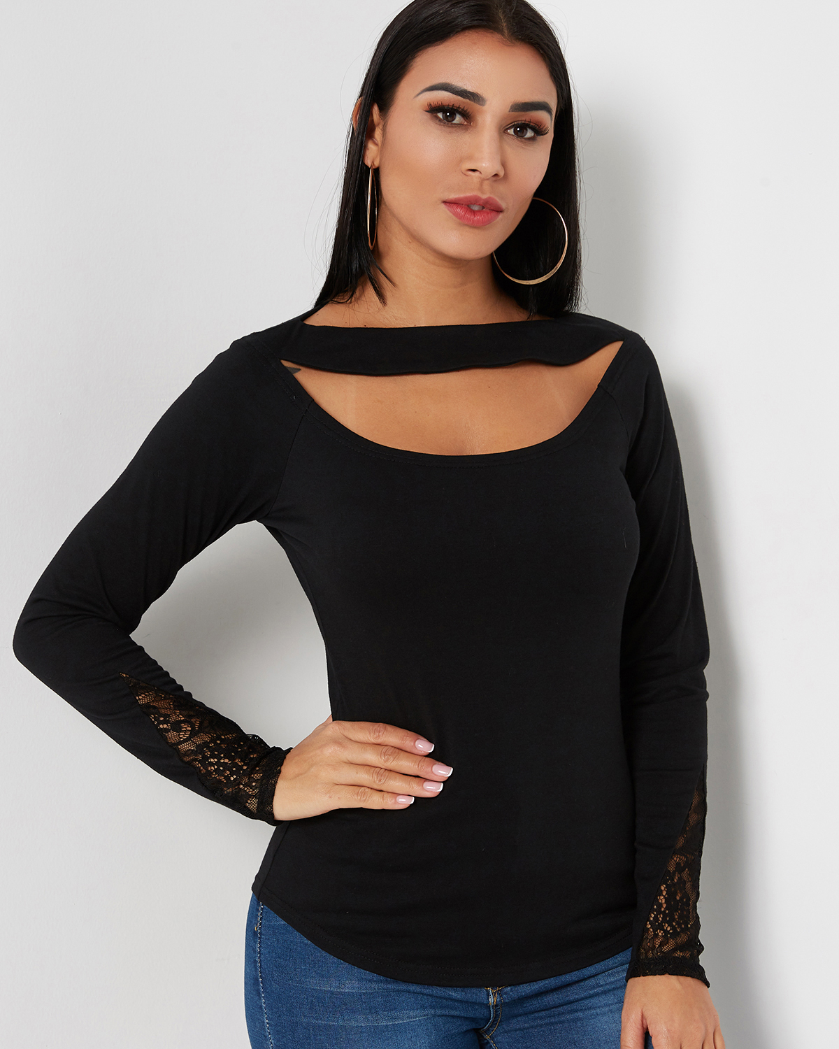 Black Plain Cut Out Lace Details Langarm T-Shirts günstig online kaufen