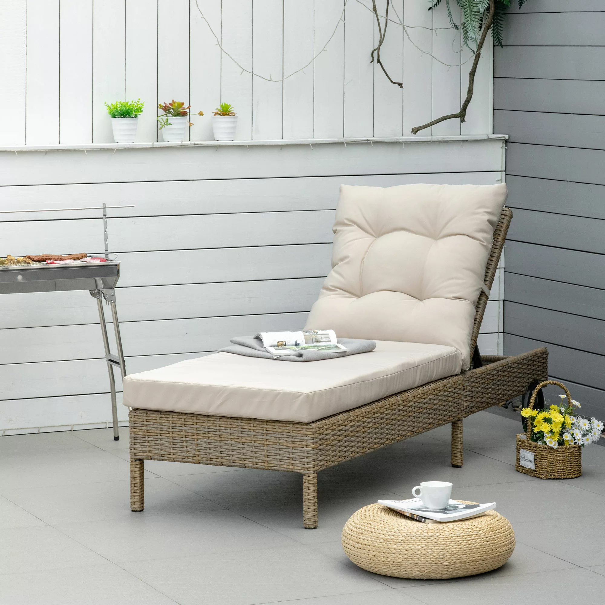 Outsunny Polyrattan Sonnenliege Gartenliege verstellbar mit Kissen in Natur günstig online kaufen