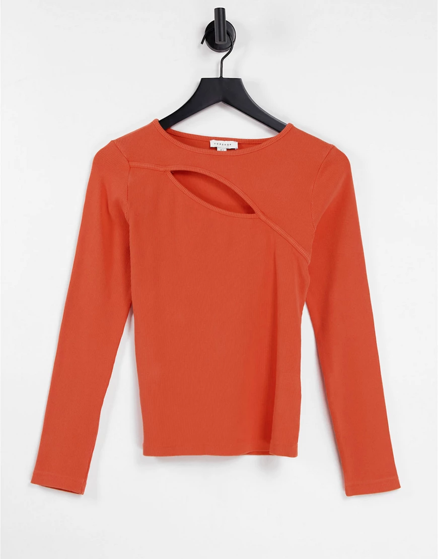 Topshop – Langärmliges Shirt aus kompaktem Rippstoff in Orange mit Zierauss günstig online kaufen