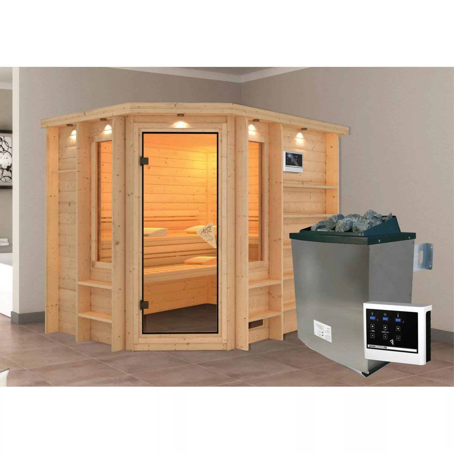 Karibu Sauna-Set Risa inkl. Edelstahl-Ofen 9 kW mit ext. Steuerung günstig online kaufen