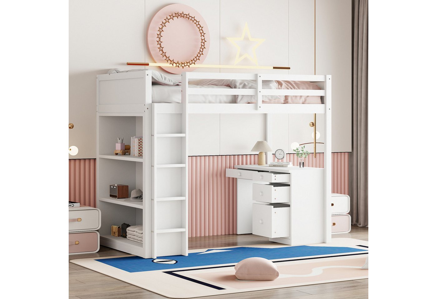 FUROKOY Hochbett Kinderbett 90 X 200 cm mit Computertisch mit Aufbewahrungs günstig online kaufen