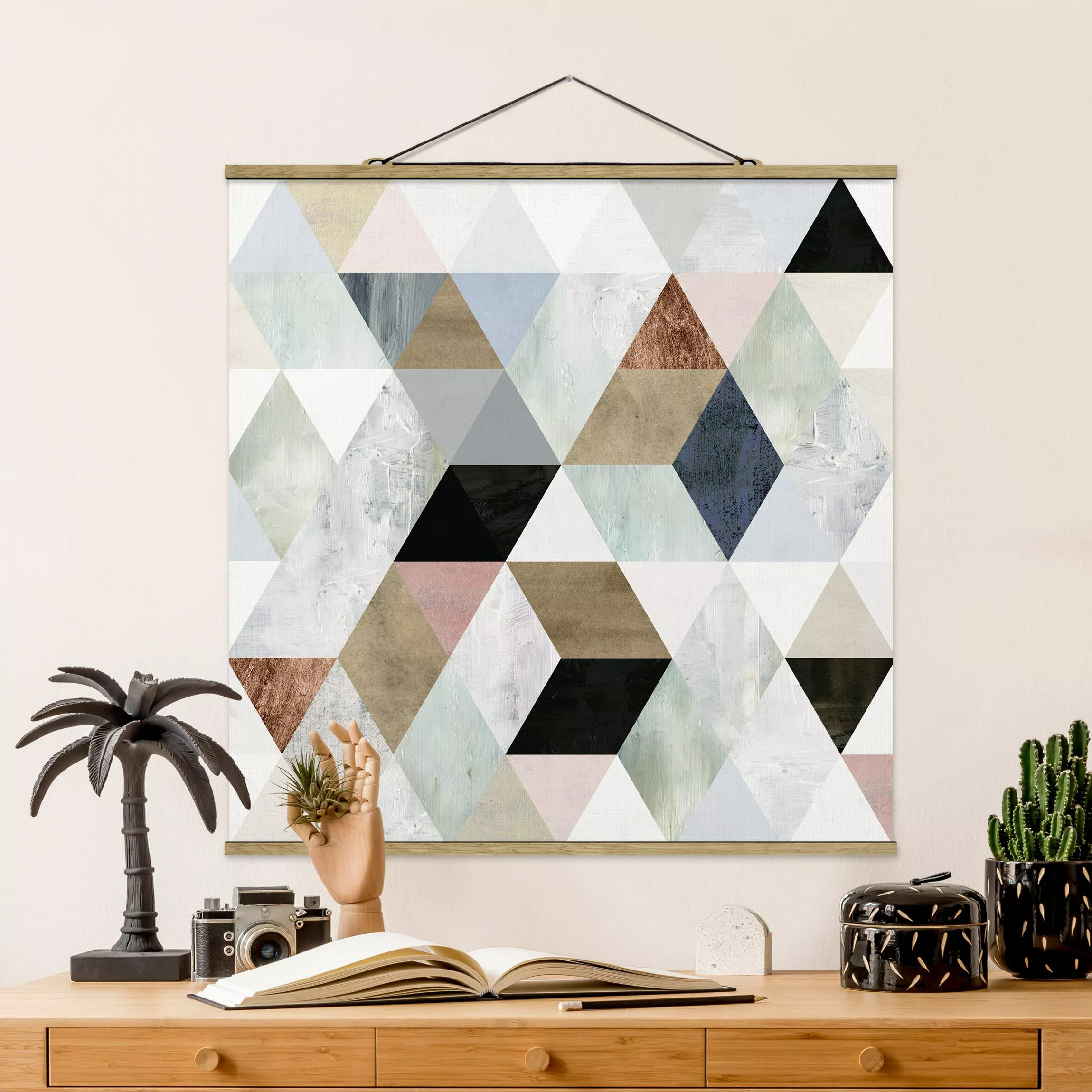 Stoffbild Abstrakt mit Posterleisten - Quadrat Aquarell-Mosaik mit Dreiecke günstig online kaufen