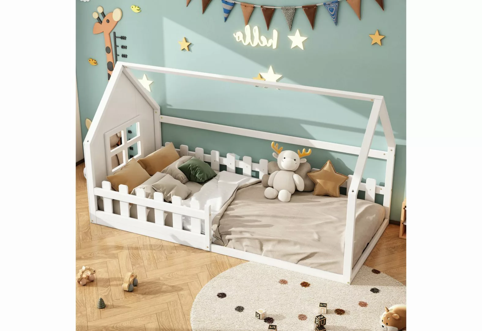 MODFU Kinderbett Flachbett, Kinderbett, Hausleiste (90*200cm), ohne Matratz günstig online kaufen