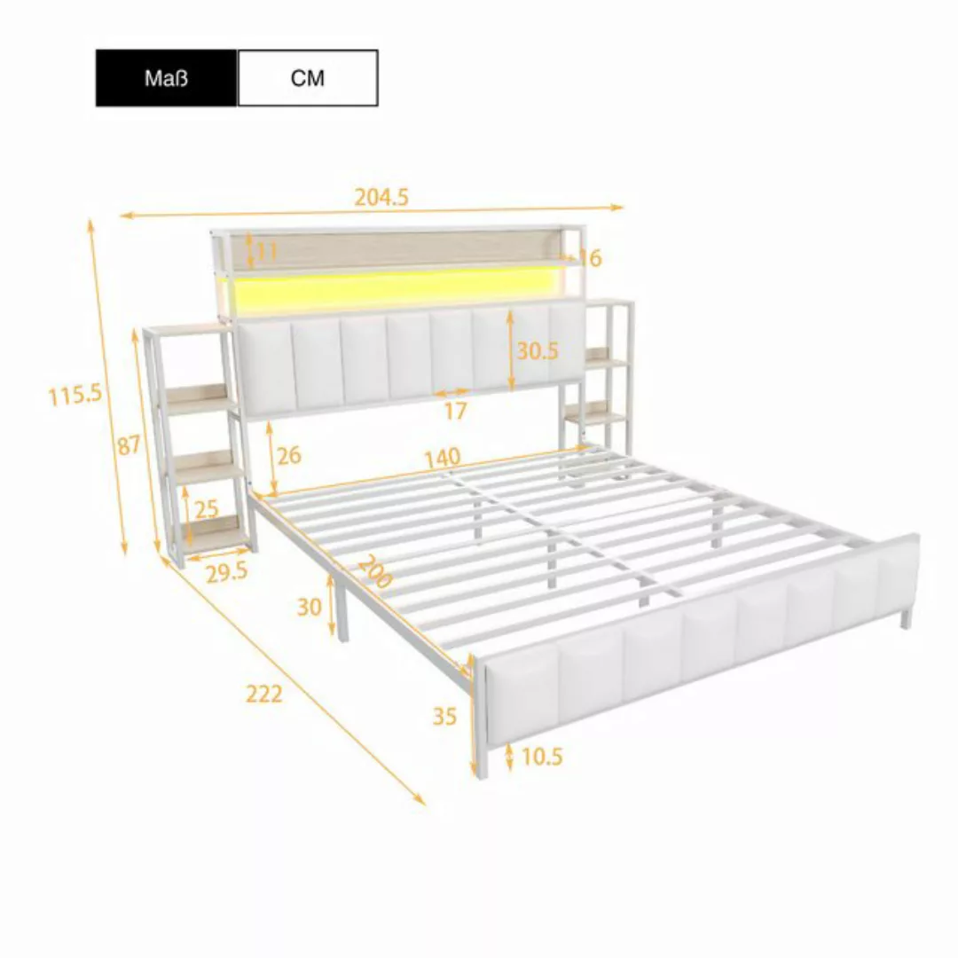 SeedWave Polsterbett Doppelbett mit LED-Stimmungslicht und Regal 140/160x20 günstig online kaufen