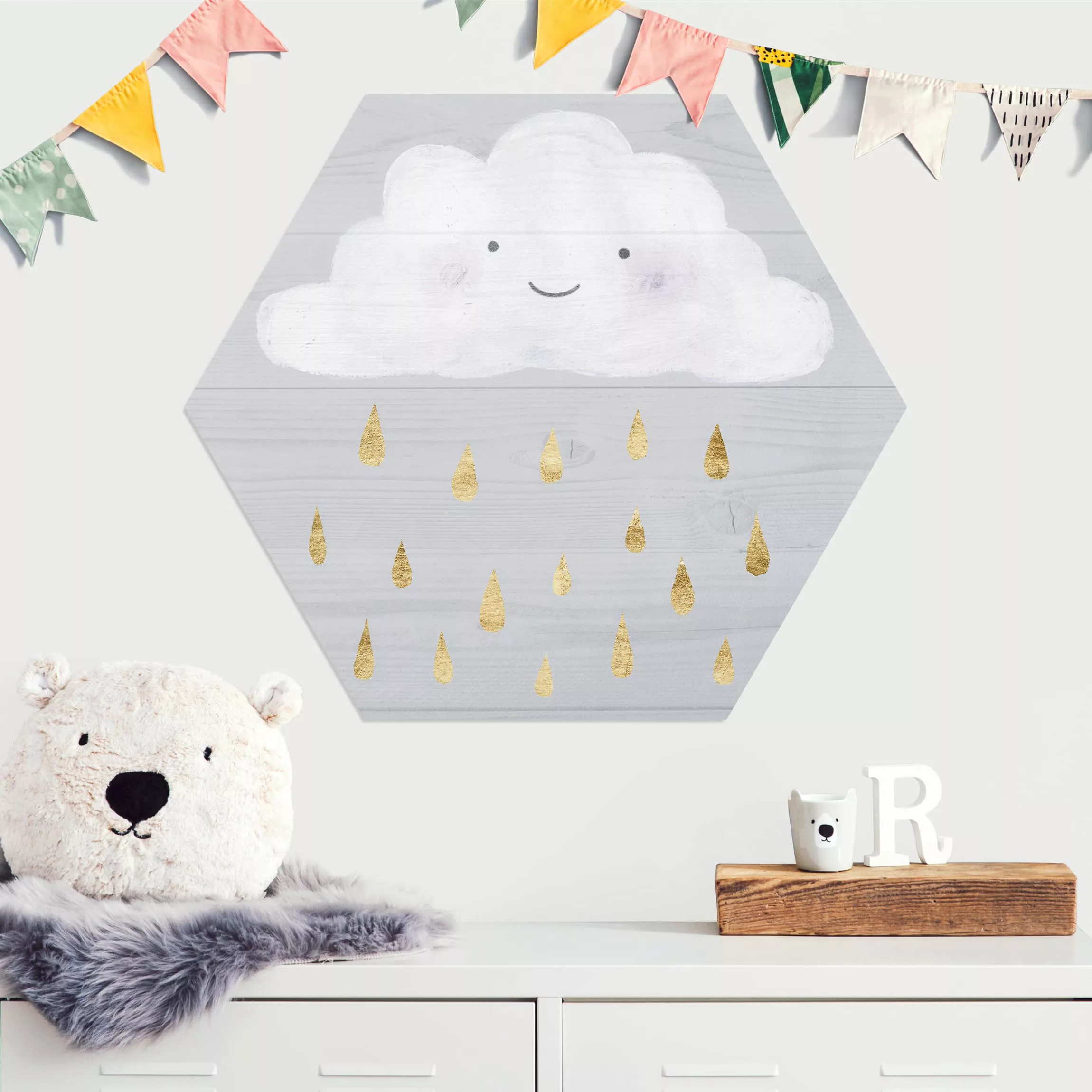 Hexagon-Alu-Dibond Bild Kinderzimmer Wolke mit goldenen Regentropfen günstig online kaufen