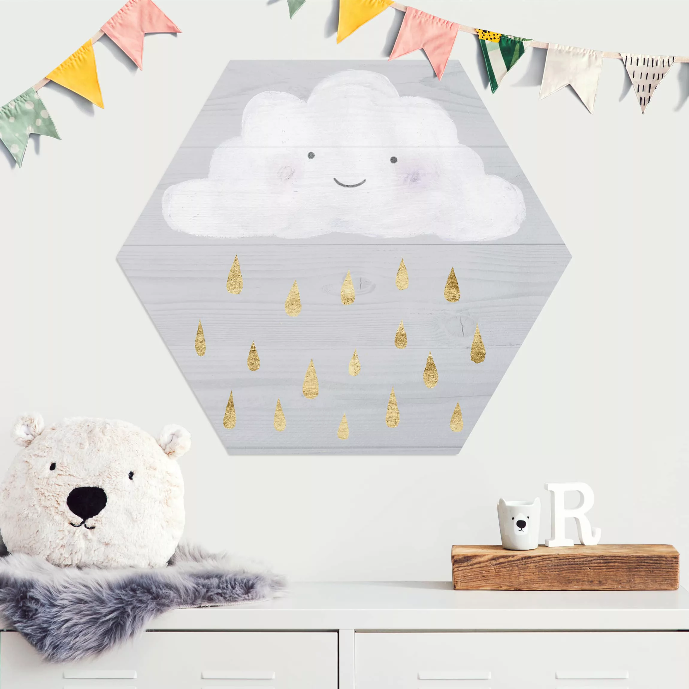 Hexagon-Alu-Dibond Bild Wolke mit goldenen Regentropfen günstig online kaufen