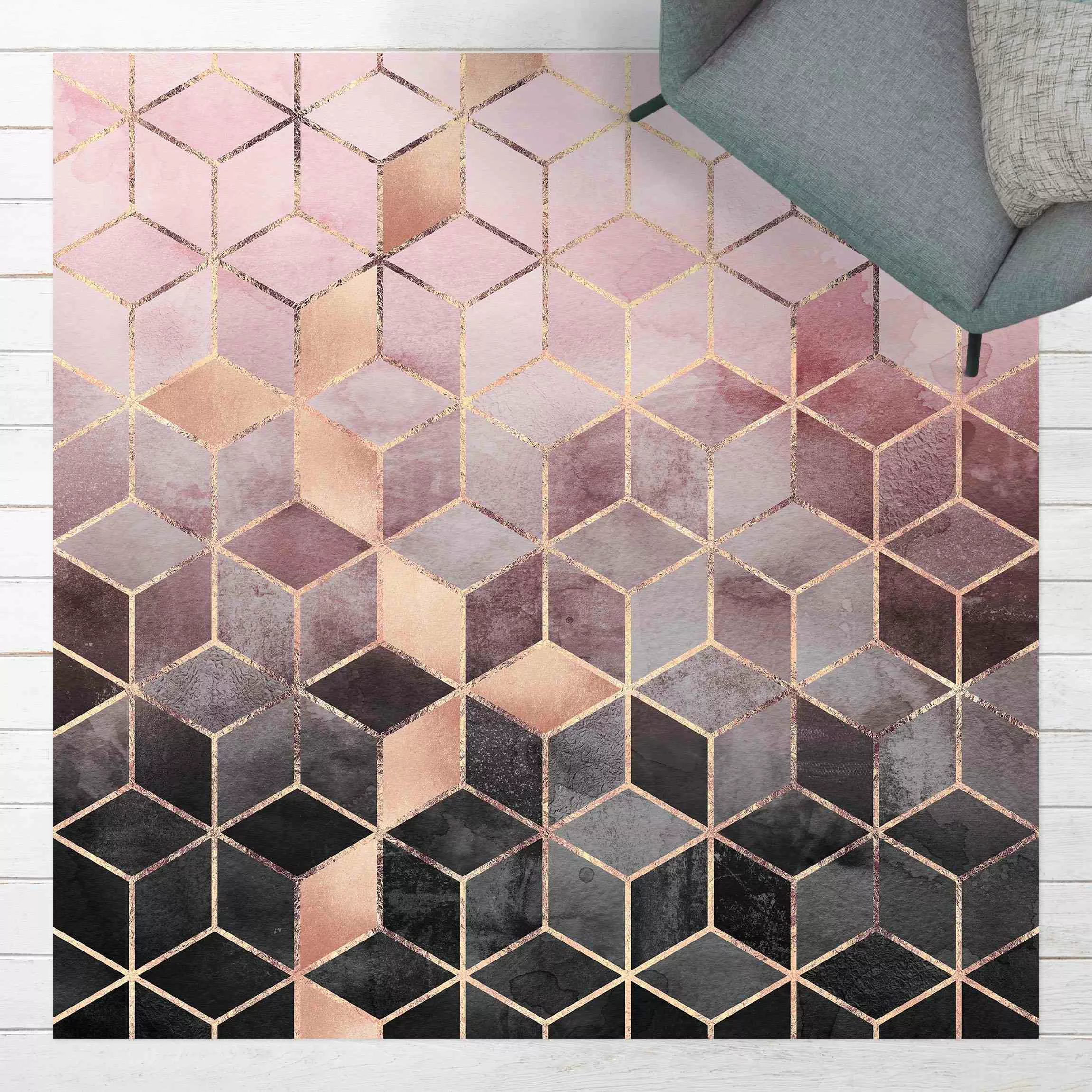 Vinyl-Teppich Rosa Grau goldene Geometrie günstig online kaufen