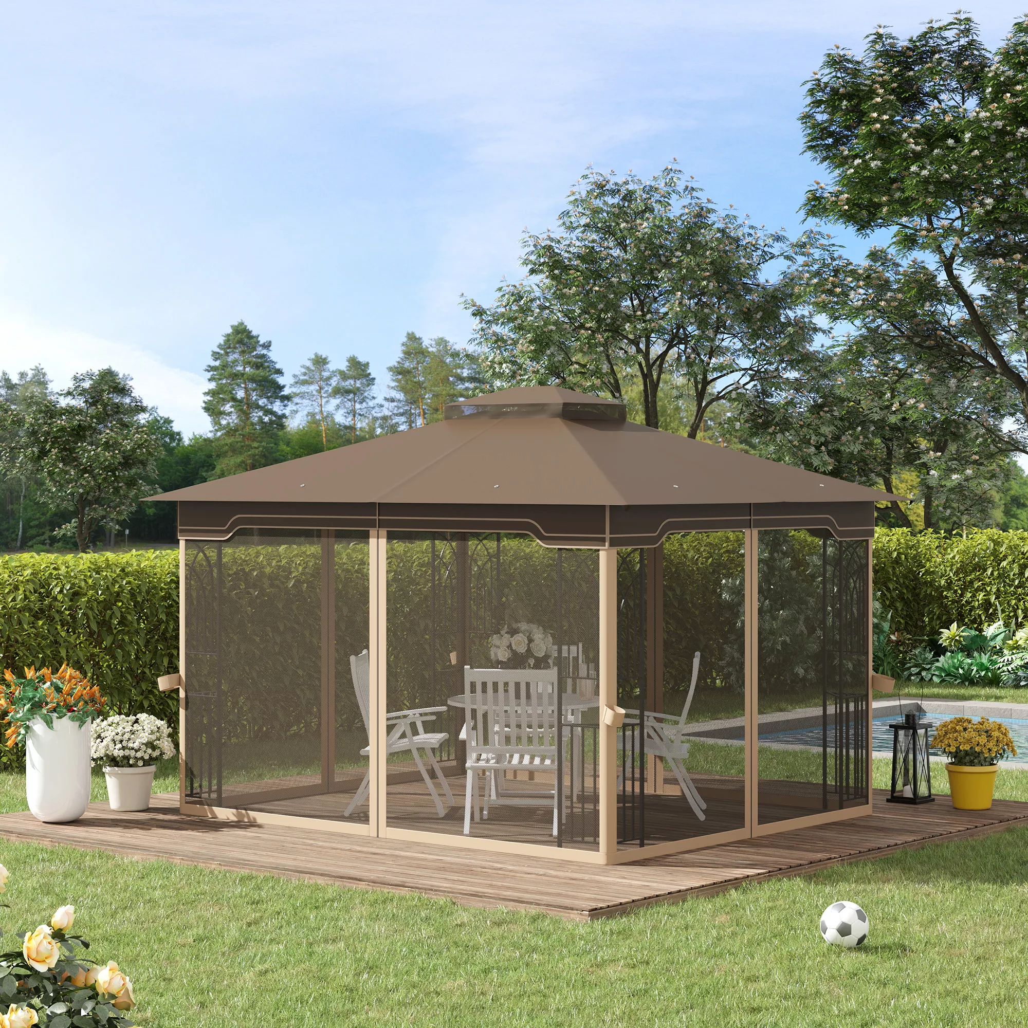 Outsunny Gartenpavillon 3,65x3m  Festzelt mit Doppeldach & Moskitonetz, Met günstig online kaufen