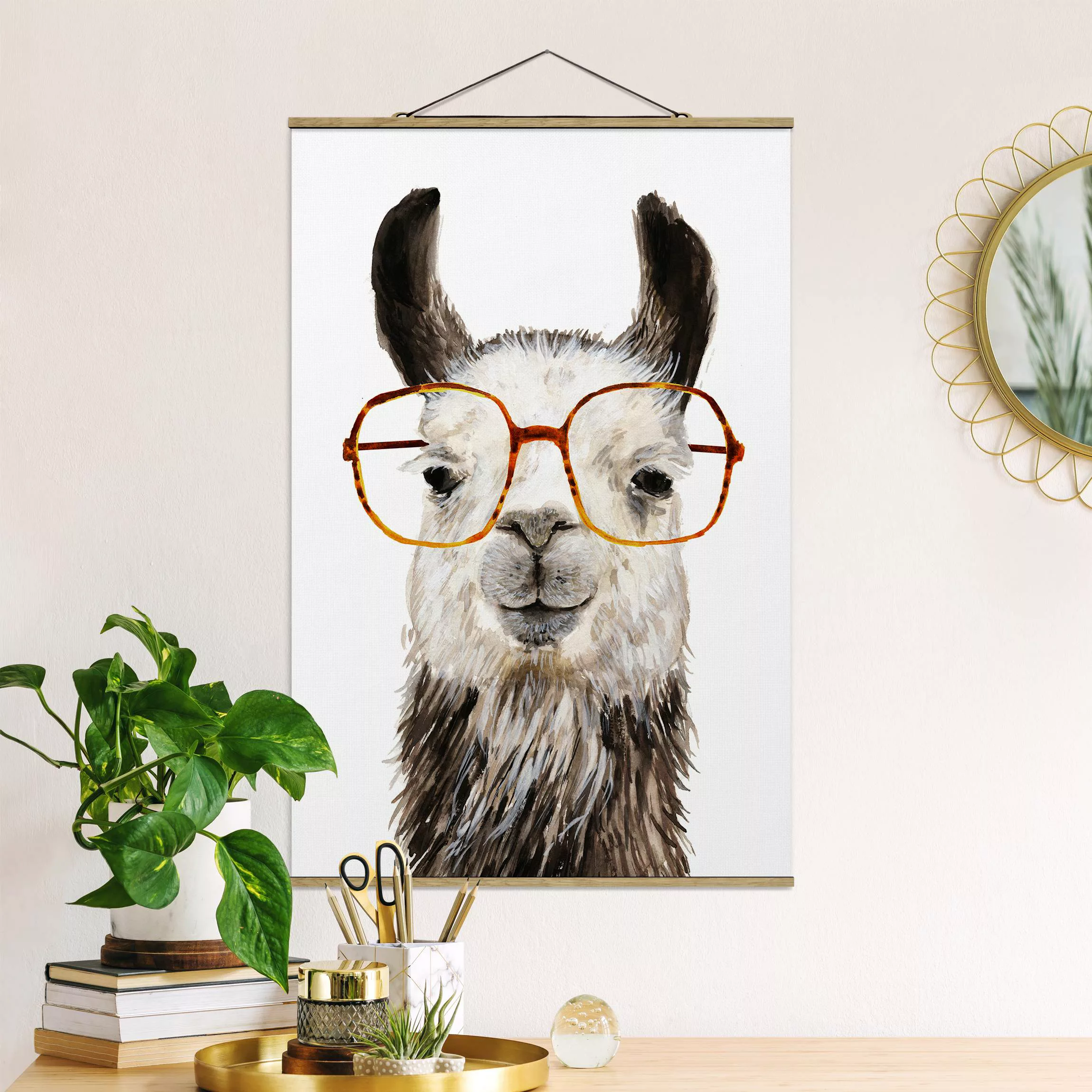 Stoffbild Tiere mit Posterleisten - Hochformat Hippes Lama mit Brille IV günstig online kaufen