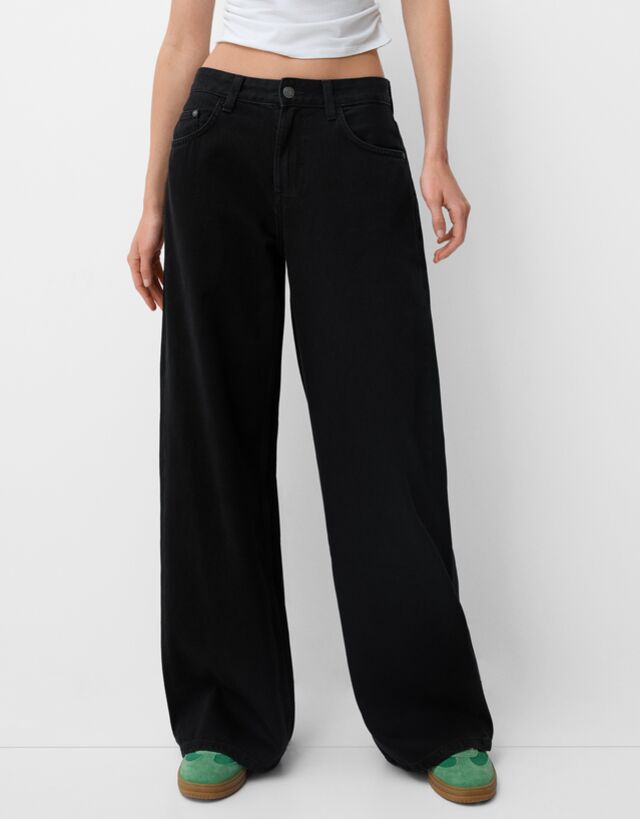 Bershka Wide-Leg-Jeans Damen 42 Schwarz günstig online kaufen