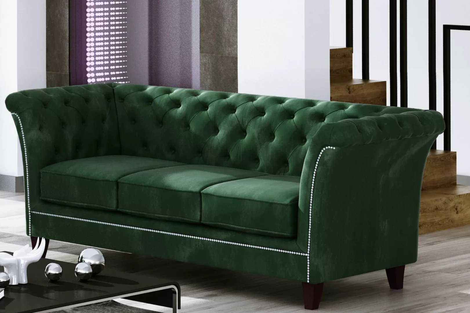 S-Style Möbel Chesterfield-Sofa 3-Sitzer Rainsburg aus Samt-Stoff mit Holzf günstig online kaufen