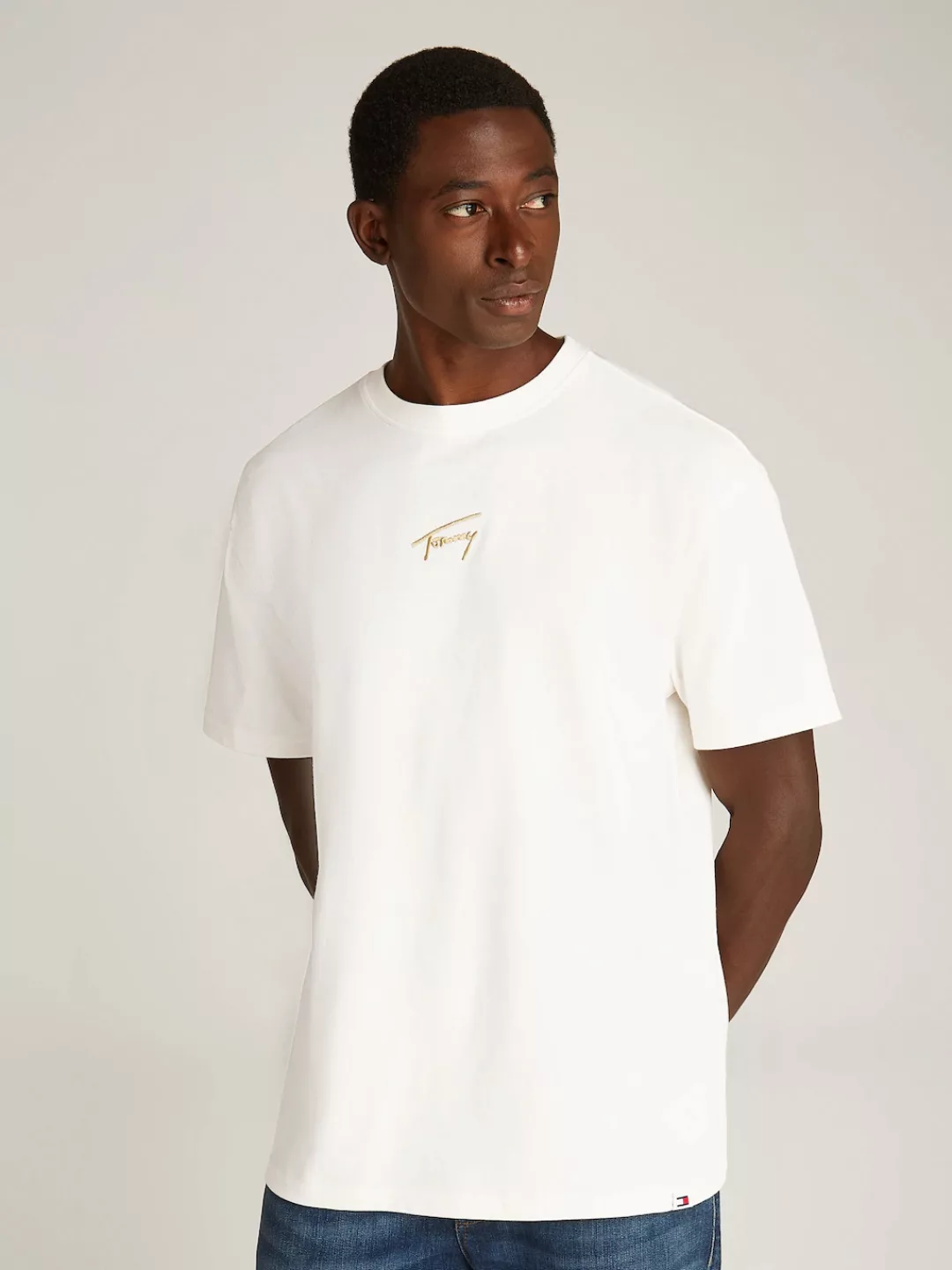 Tommy Jeans T-Shirt "TJM REG GOLD SIGNATURE TEE EXT", Logostickerei günstig online kaufen