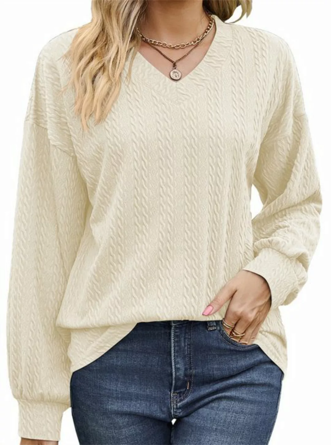 ZWY Sweatshirt lockerer, lässiger, langärmeliger, dünner Pullover mit V-Aus günstig online kaufen