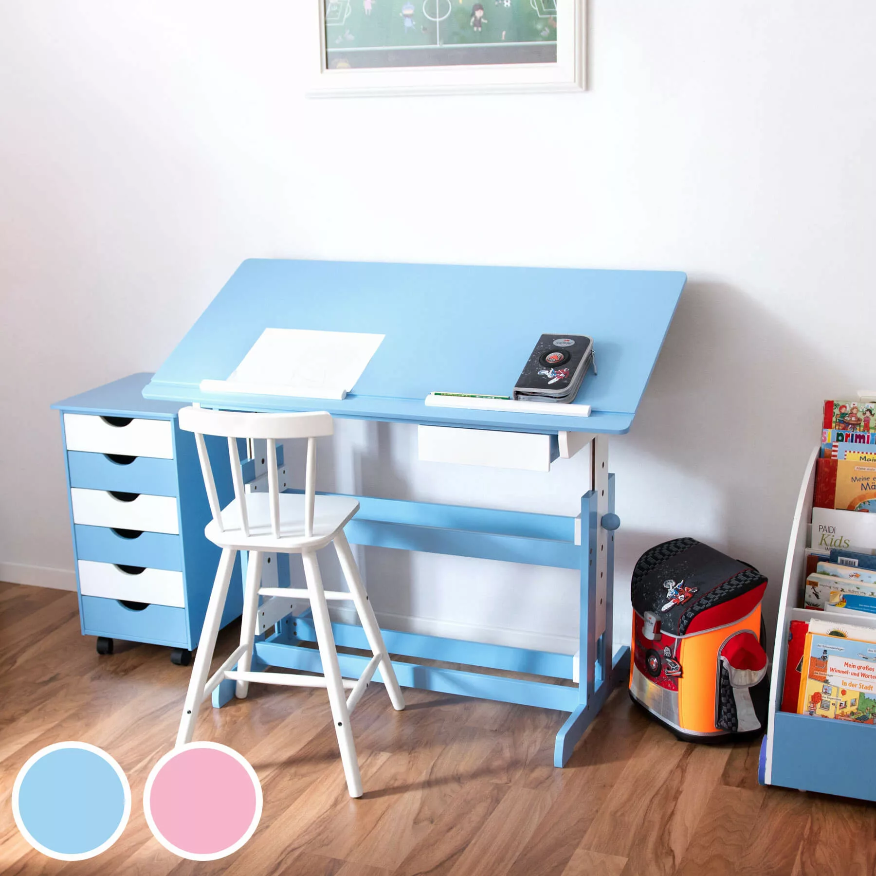Schreibtisch höhenverstellbar und Rollcontainer - blau günstig online kaufen