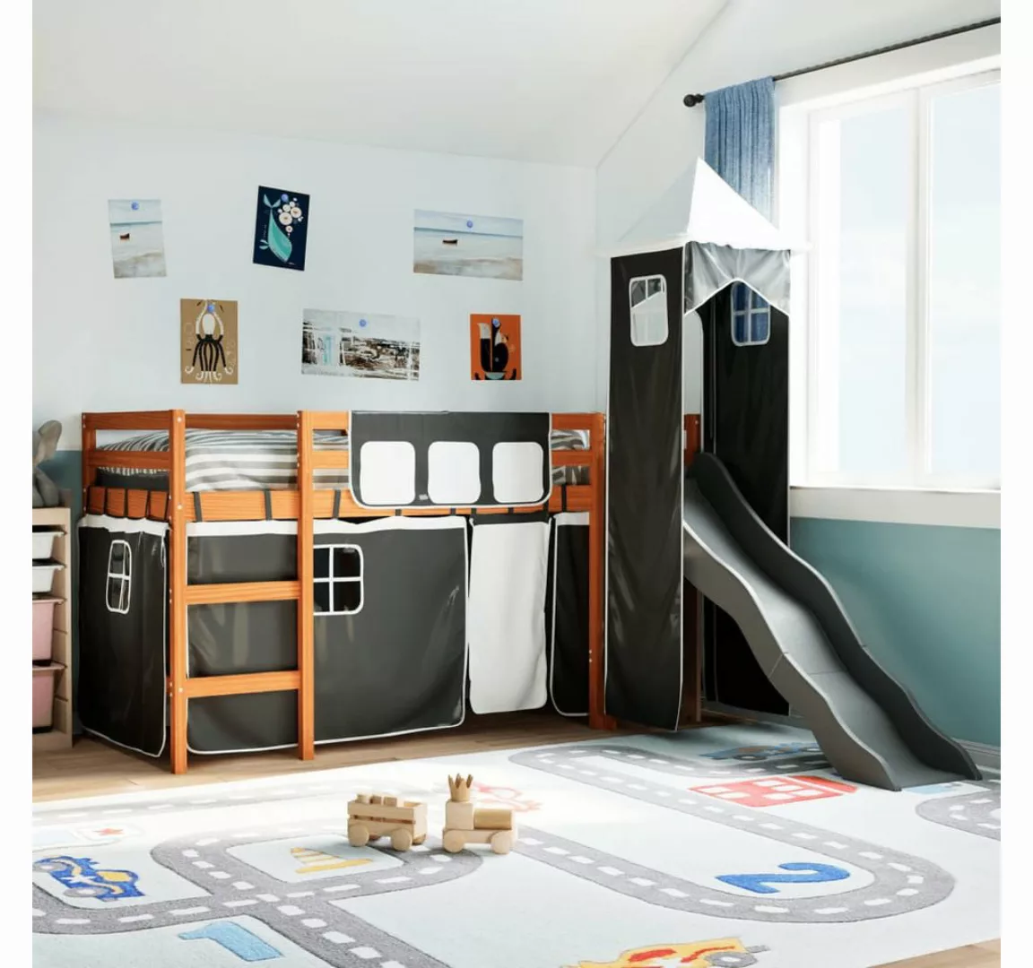 vidaXL Bett, Kinderhochbett mit Turm Weiß & Schwarz 80x200 cm Kiefernholz günstig online kaufen