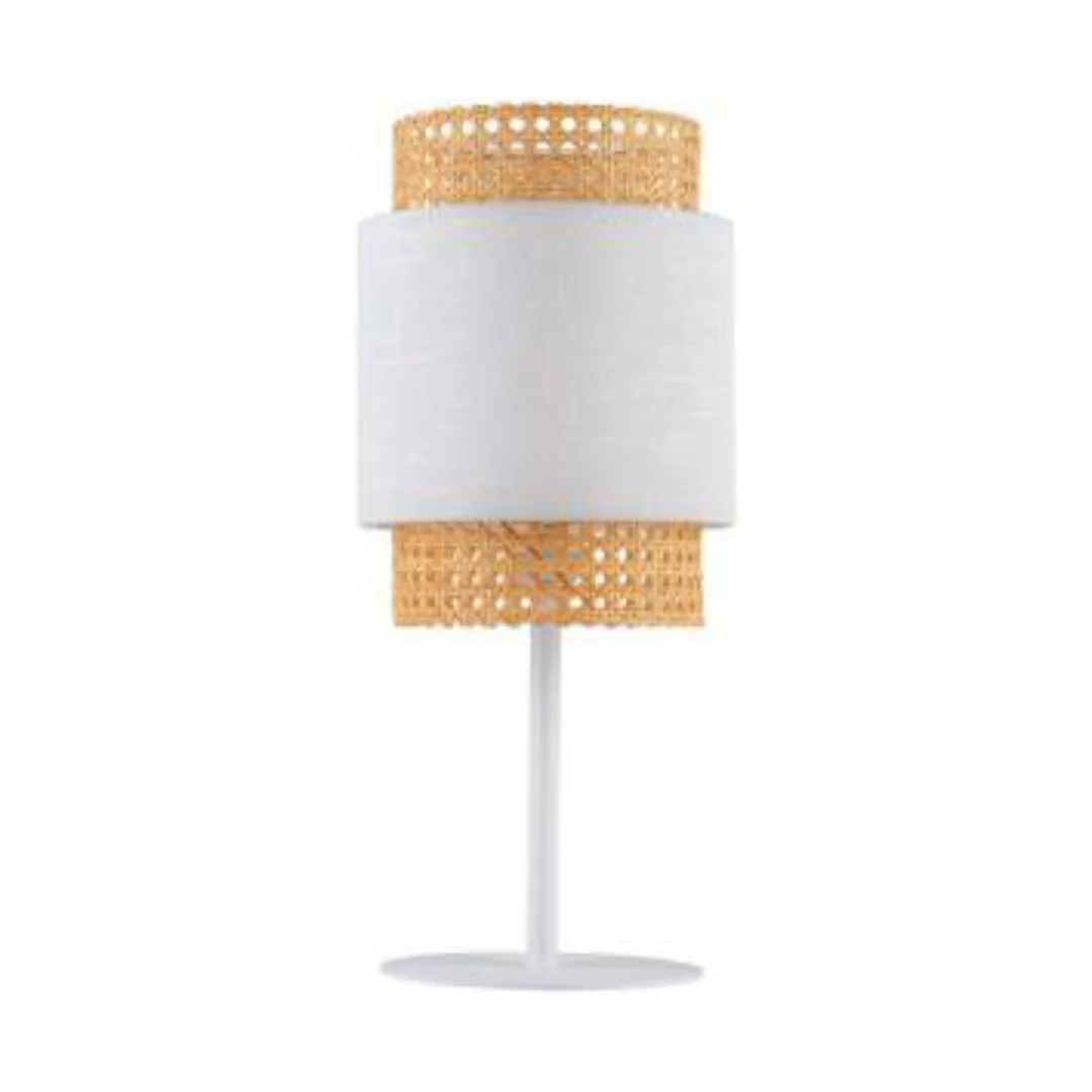 Nachttischlampe Stoff Rattan E27 Boho 45 cm Weiß Natur günstig online kaufen