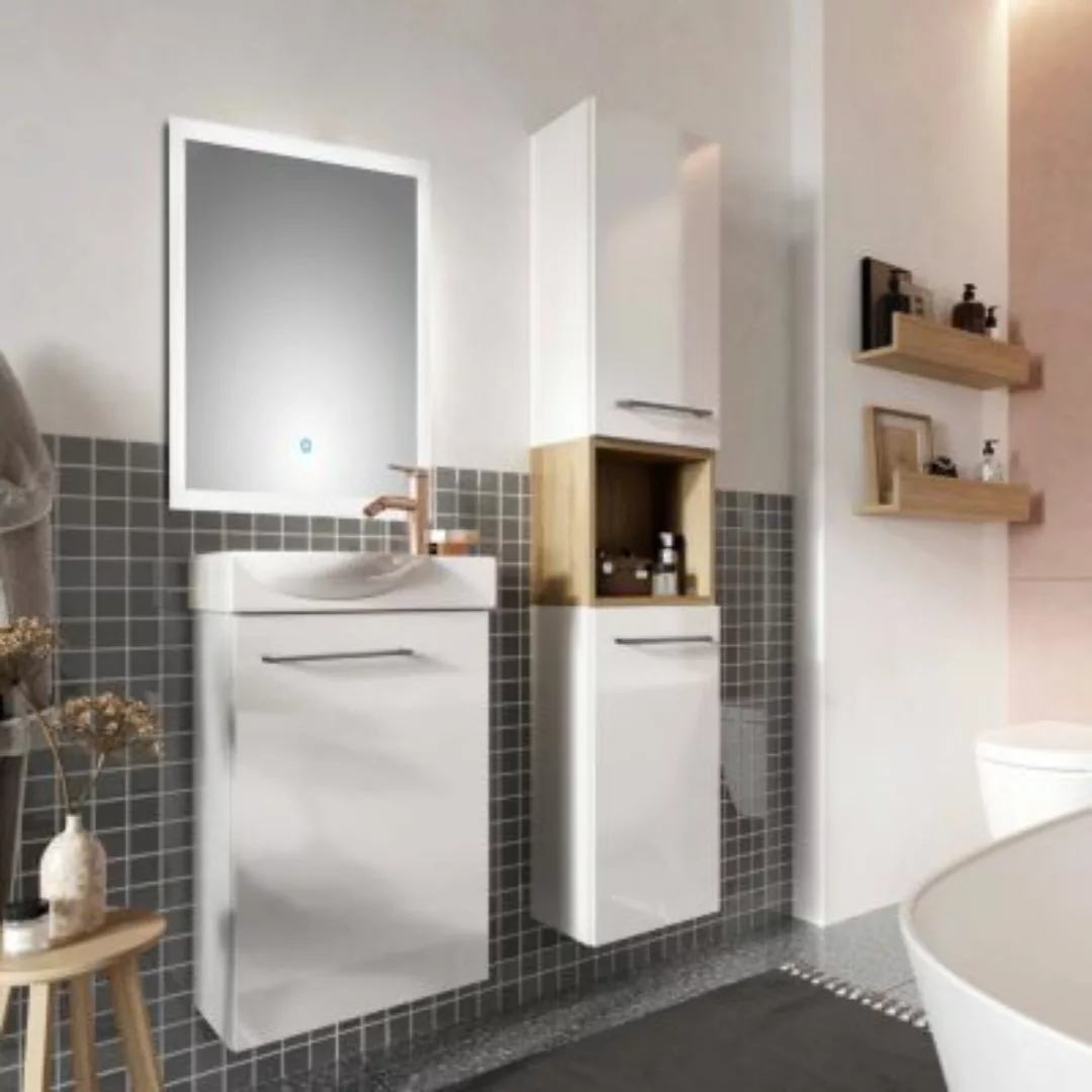 Lomadox Badezimmer Set in weiß Hochglanz lackiert mit LED Spiegel, Metallgr günstig online kaufen