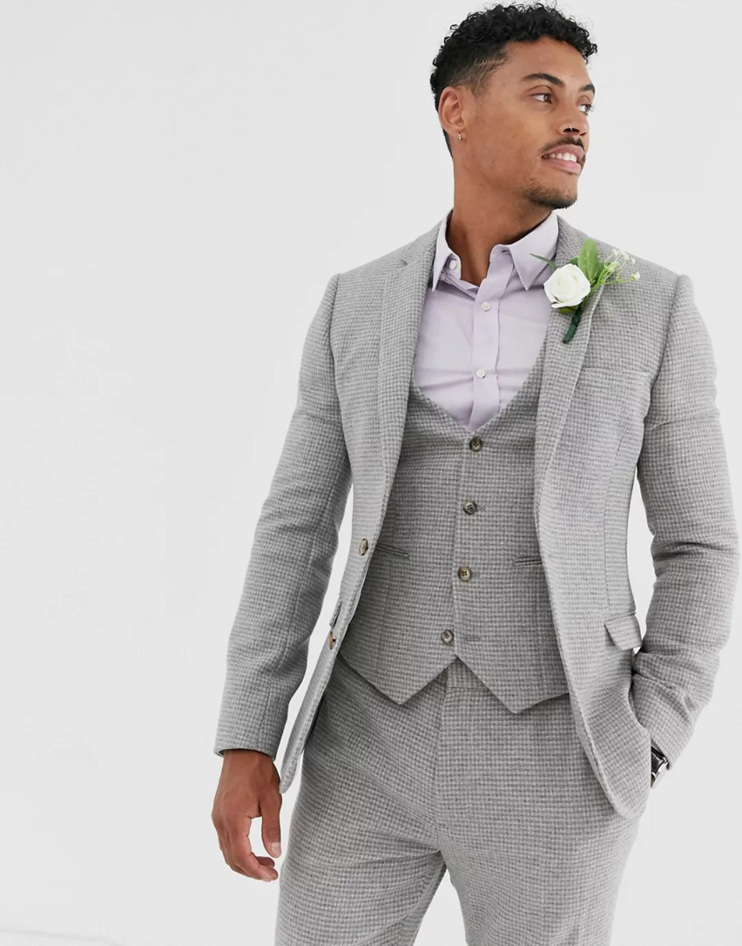 ASOS DESIGN – Wedding – Super enge Anzugjacke in Grau mit feinem Hahnentrit günstig online kaufen