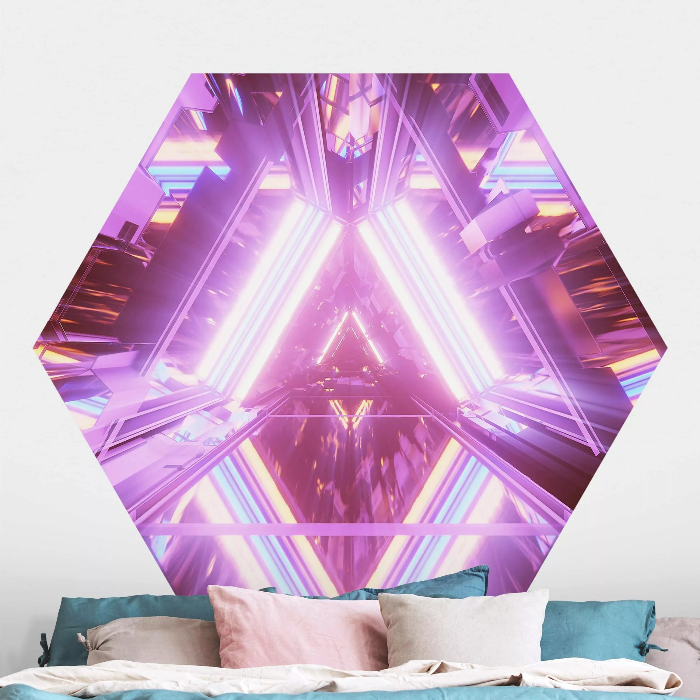 Hexagon Mustertapete selbstklebend Neonlichter im Dreieck günstig online kaufen
