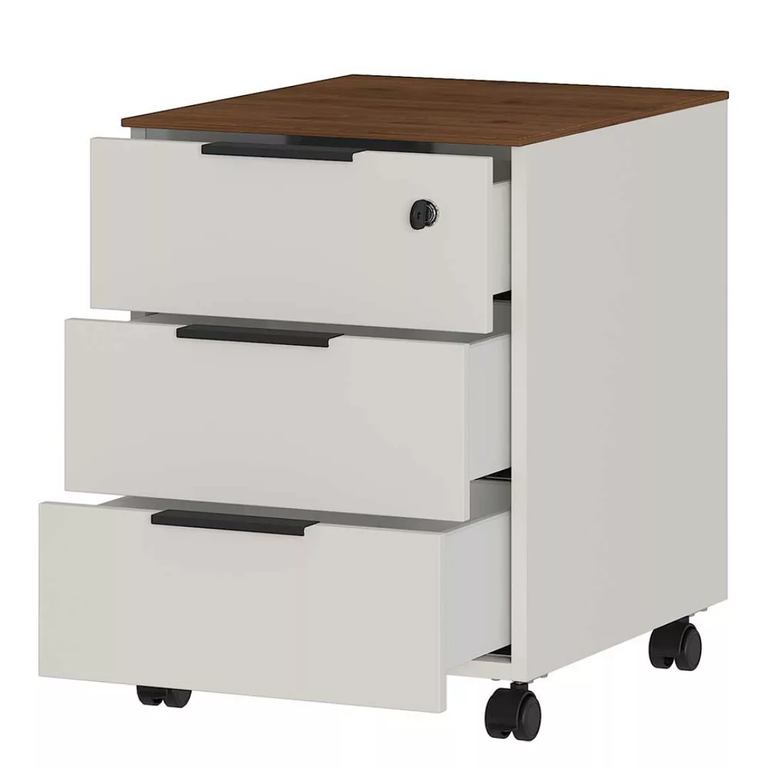 Schreibtischrollcontainer in Creme Weiß und Nussbaum Optik drei Schubladen günstig online kaufen