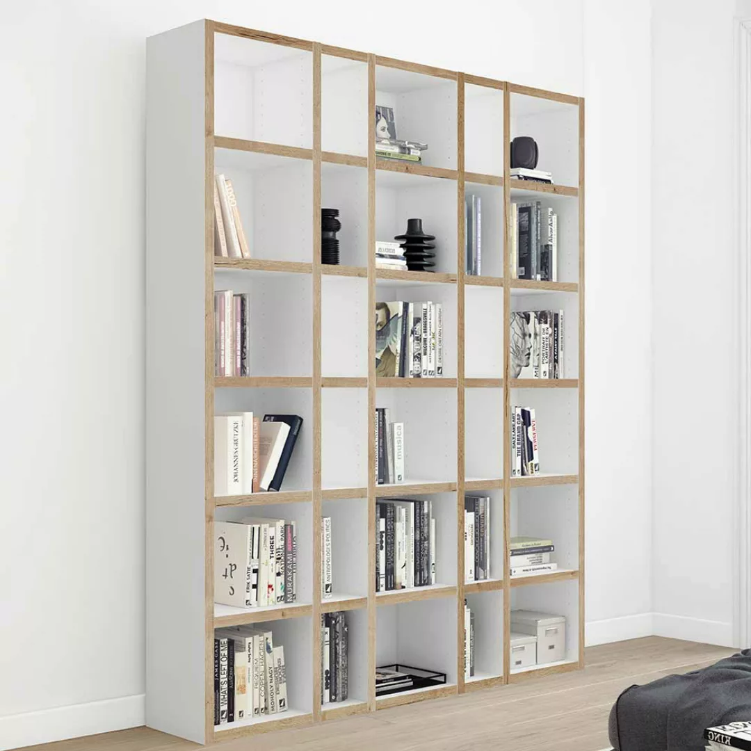 Bücherregalwand Made in Germany Weiß und Wildeichefarben günstig online kaufen