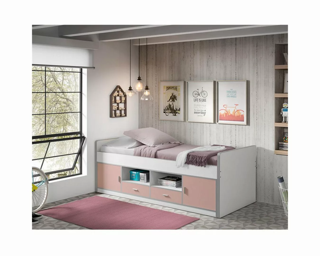 Lomadox Kinderbett, 90x200cm, mit viel Stauraum, weiß/rosa günstig online kaufen