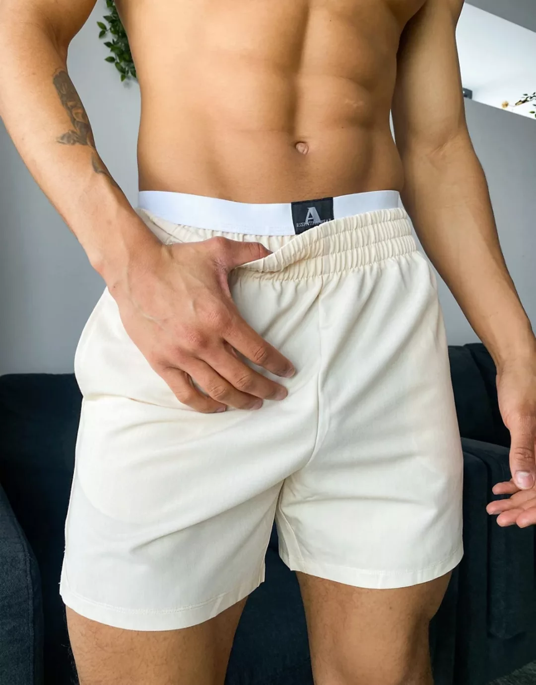 ASOS DESIGN – Lounge-Shorts mit doppeltem Bund in Beige-Neutral günstig online kaufen
