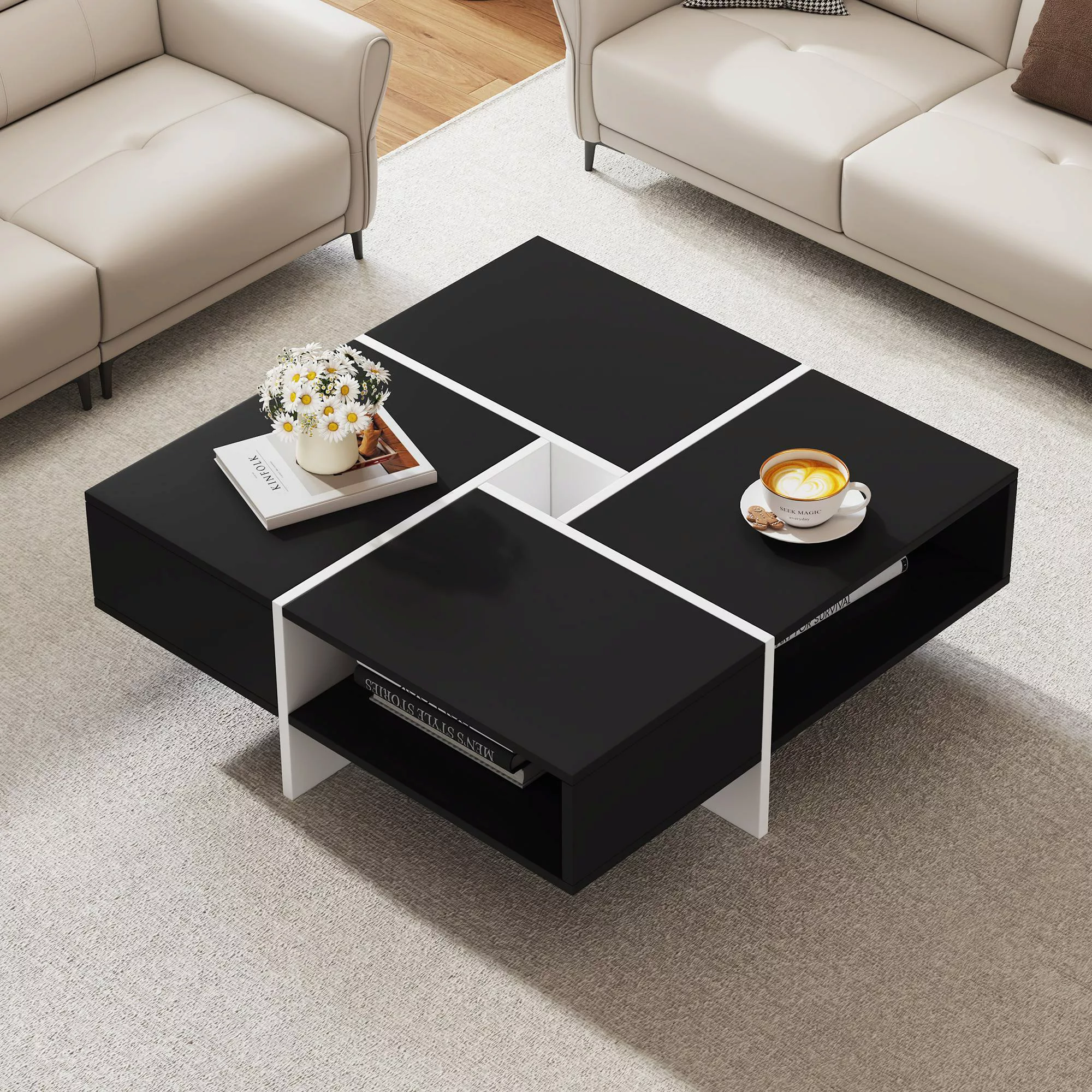 Moderner quadratischer Couchtisch, 70×70×35 cm, Schwarz-Weiß Design, 5 offe günstig online kaufen