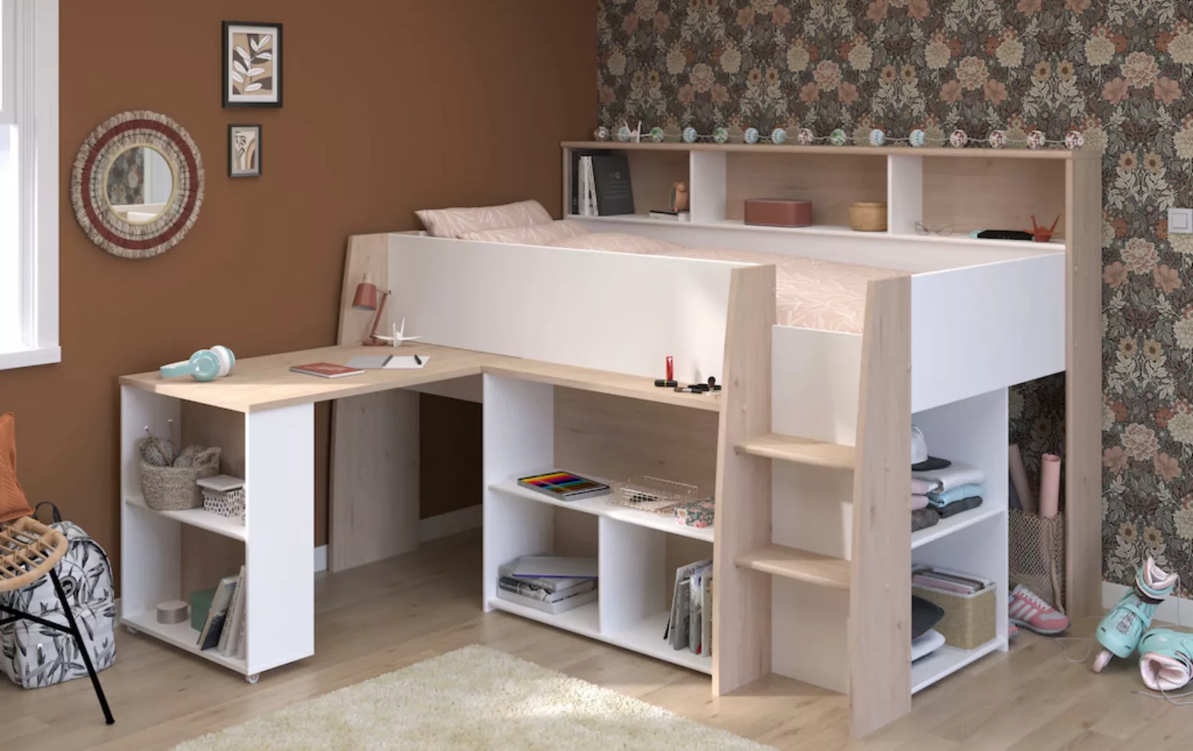 Kombibett - 90 x 200 cm - mit Schreibtisch & Stauraum - Weiß & Holzfarben - günstig online kaufen