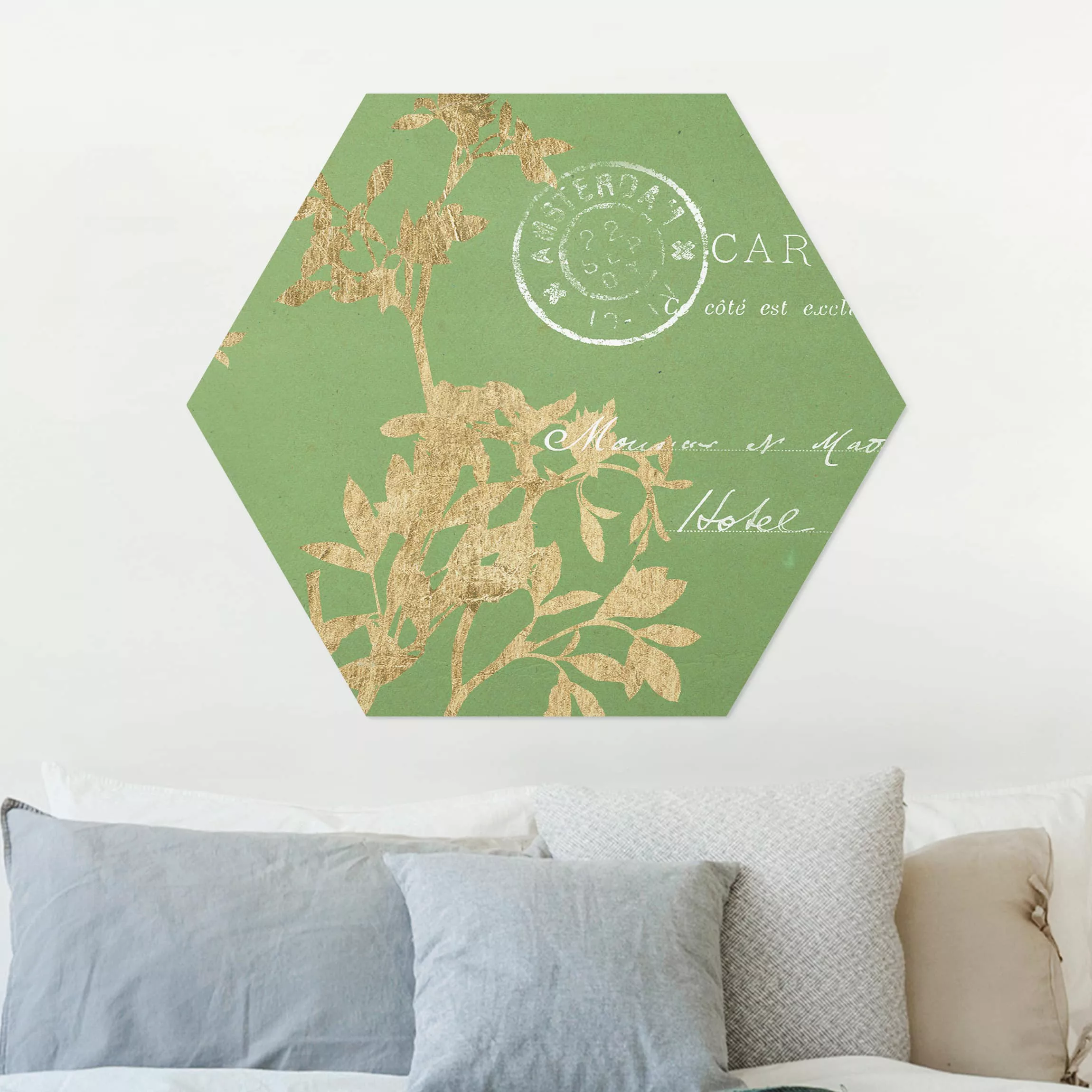 Hexagon-Alu-Dibond Bild Blumen Goldene Blätter auf Lind I günstig online kaufen