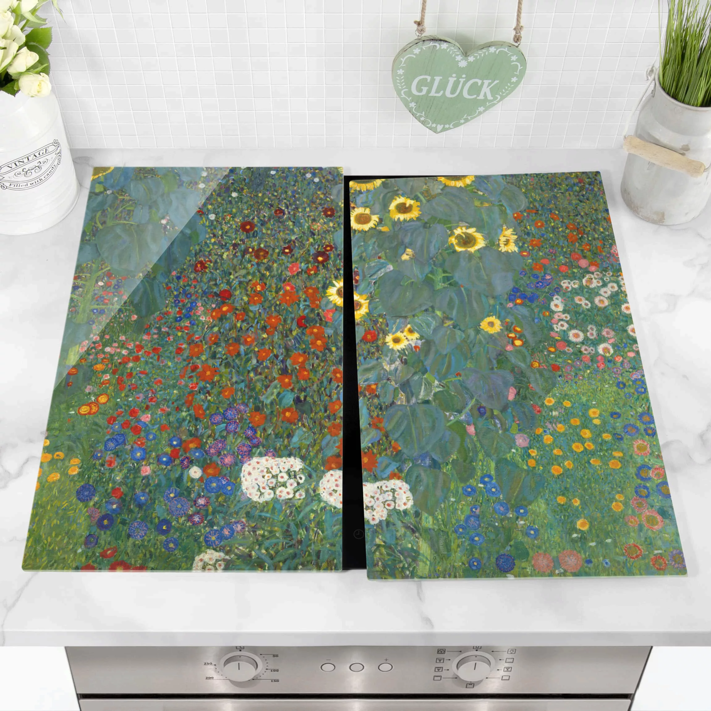 2-teilige Herdabdeckplatte Glas Kunstdruck Gustav Klimt - Garten Sonnenblum günstig online kaufen