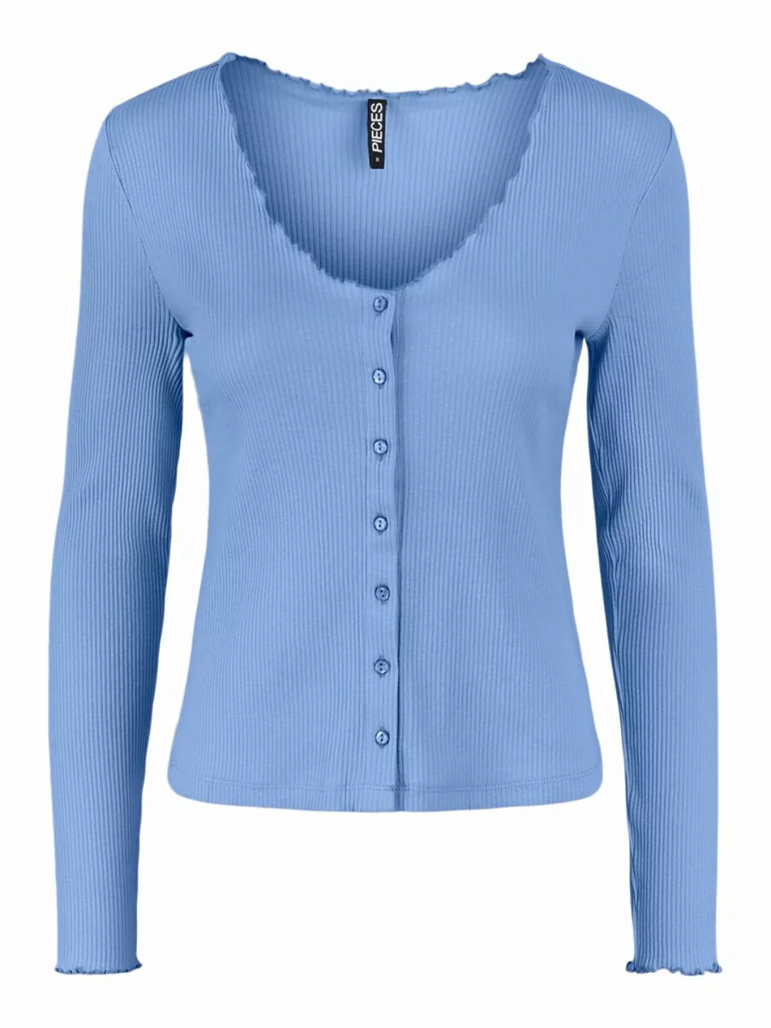 PIECES Slim Fit Rippdesign Bluse Damen Blau günstig online kaufen