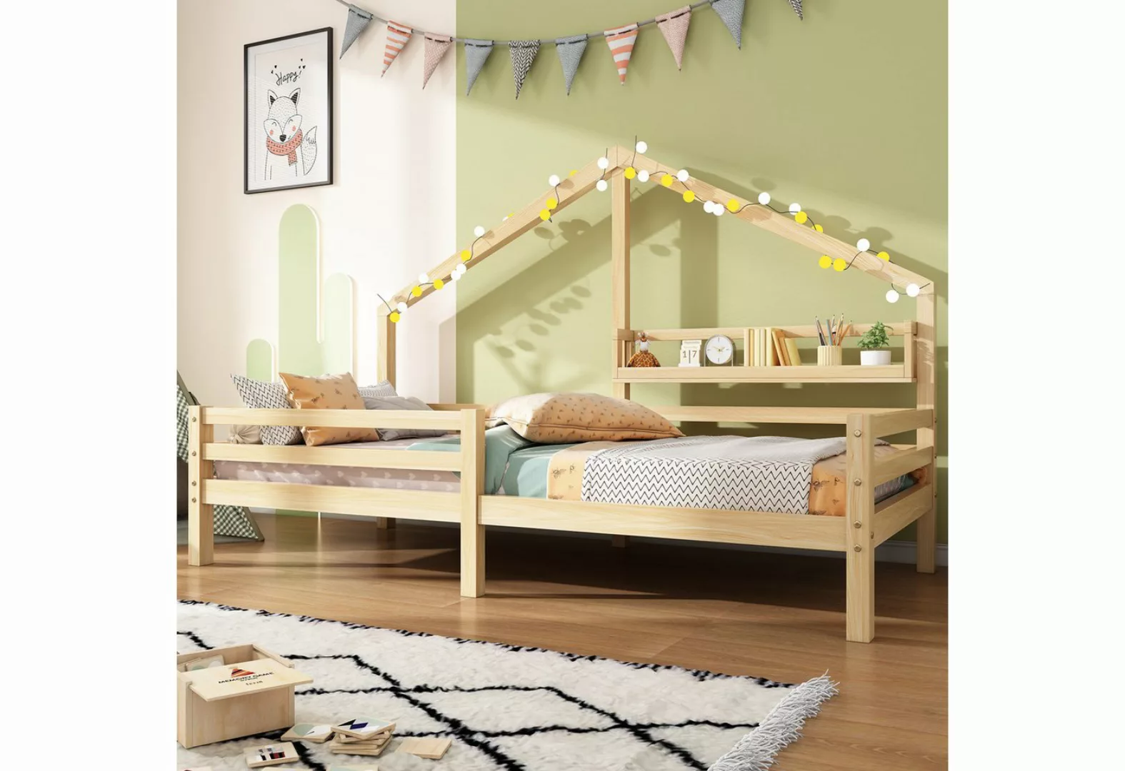 MODFU Kinderbett Jugendbett Massivholzbett Einzelbett (90x200cm Weiß mit La günstig online kaufen