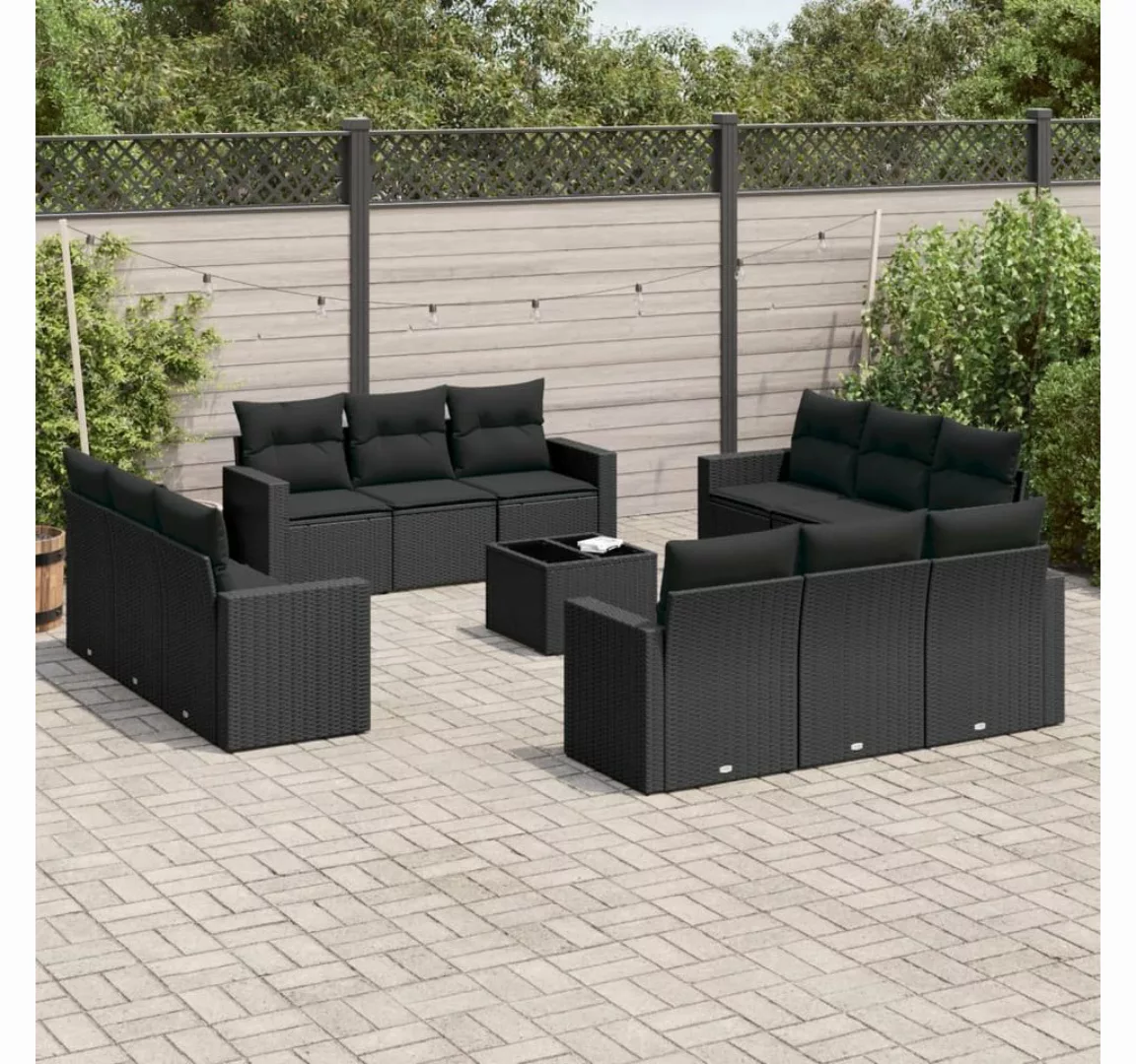 vidaXL Loungesofa 13-tlg. Garten-Sofagarnitur mit Kissen Schwarz Poly Ratta günstig online kaufen