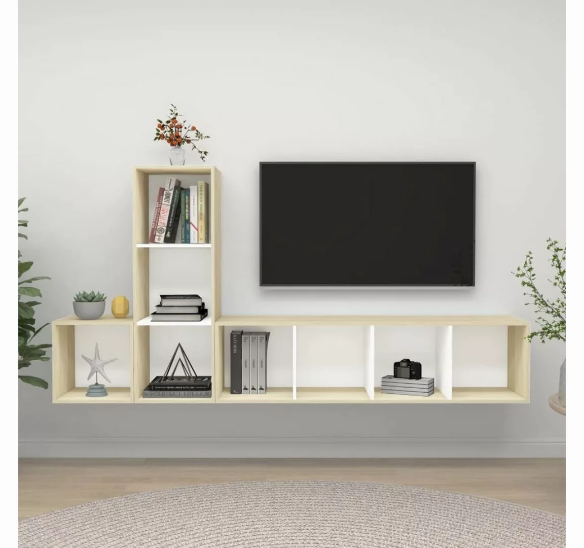 furnicato TV-Schrank 3-tlg. TV-Schrank-Set Weiß Sonoma-Eiche Holzwerkstoff günstig online kaufen
