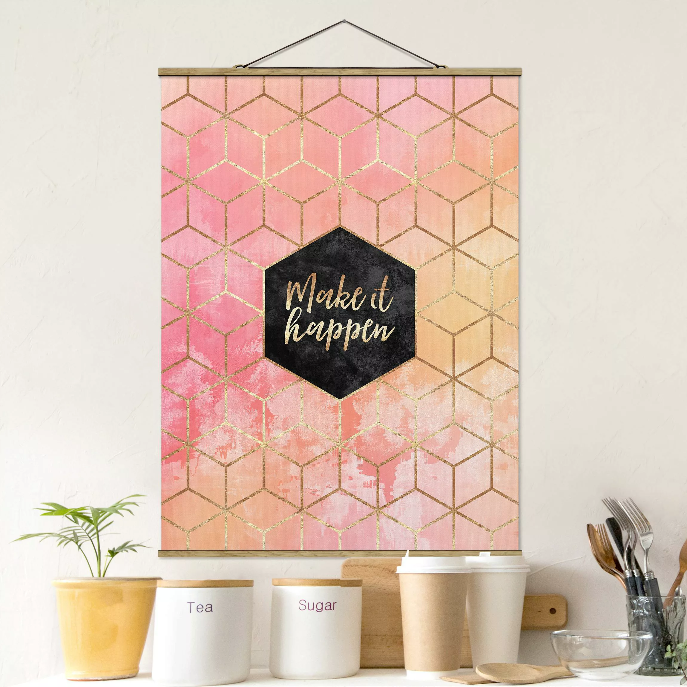 Stoffbild Spruch mit Posterleisten - Hochformat Make It Happen Geometrie Pa günstig online kaufen