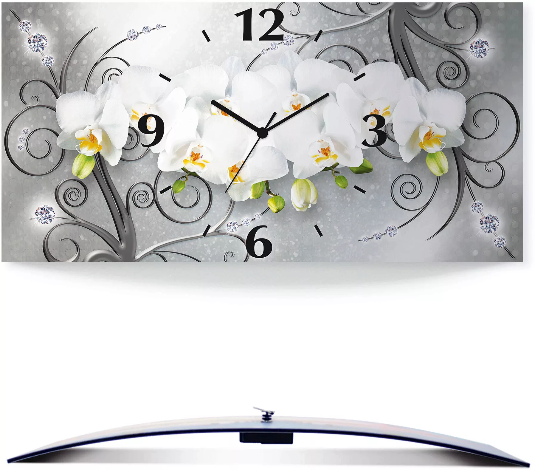 Artland Wanduhr "weiße Orchideen auf Ornamenten", 3D Optik gebogen, mit Qua günstig online kaufen