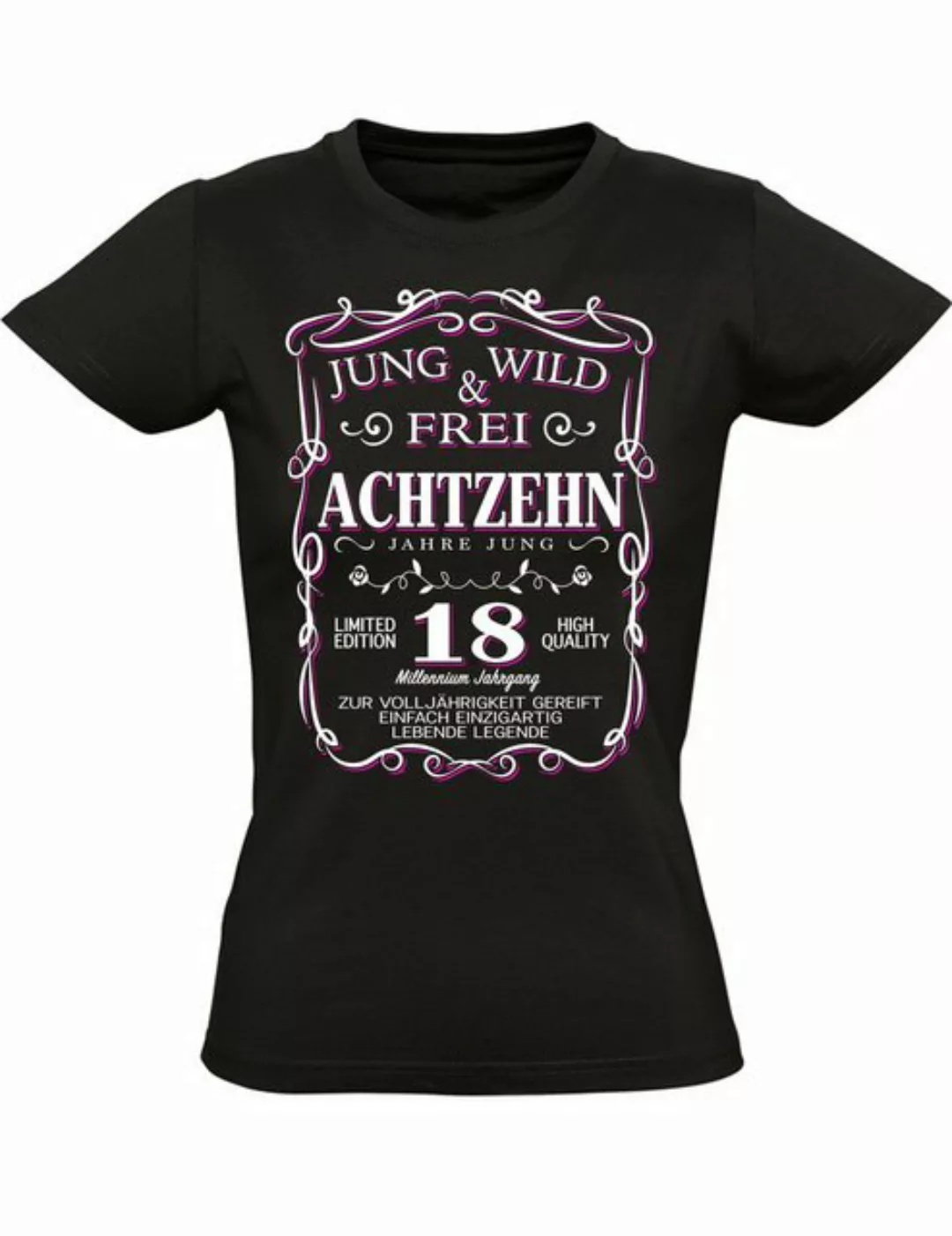 Baddery Print-Shirt Geburtstagsgeschenk für Frauen: "18 Jahre Jung wild und günstig online kaufen