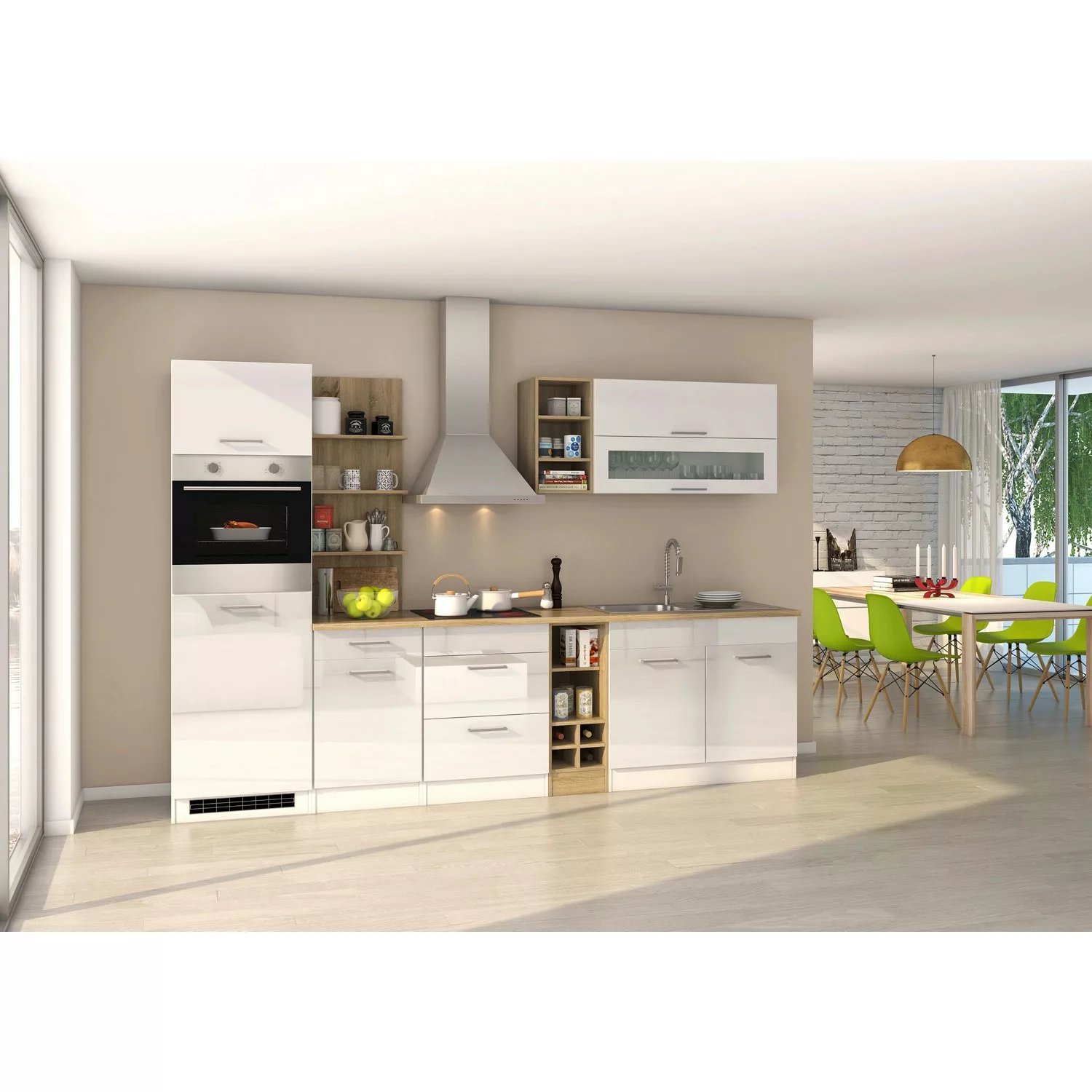 Held Möbel Küchenzeile Mailand 300 cm Weiß Hochglanz-Weiß Matt mit E-Geräte günstig online kaufen