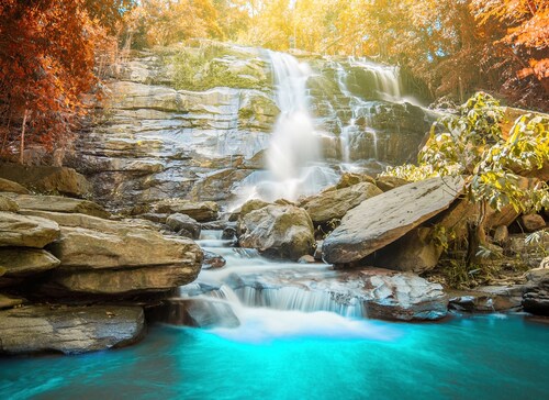 Fototapete Wasserfall Blau Grün Orange  3,50 m x 2,55 m FSC® günstig online kaufen