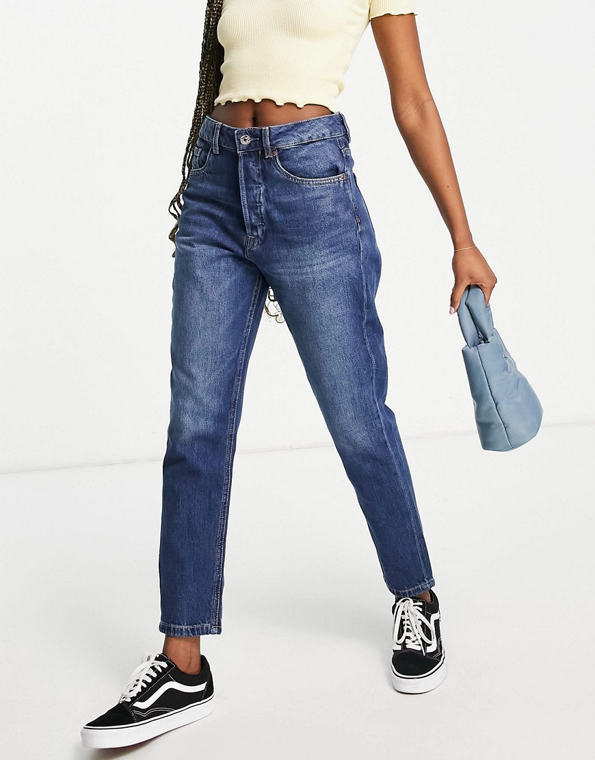 Stradivarius – Mom-Jeans in dunkler Vintage-Waschung-Blau günstig online kaufen