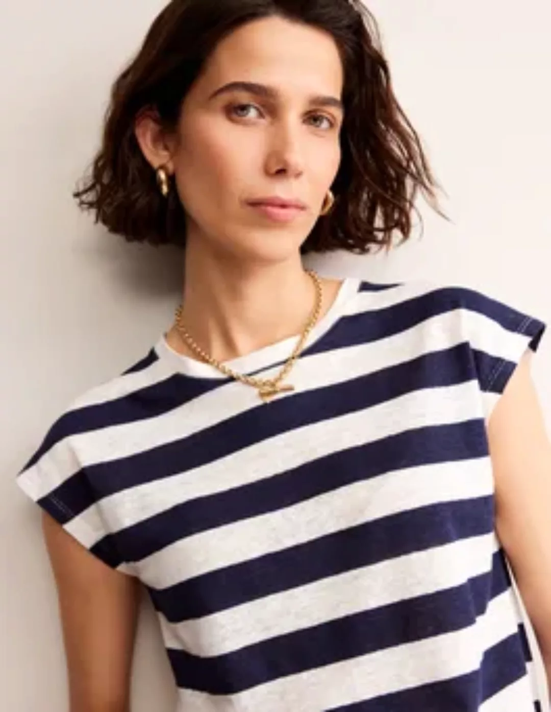 Louisa Leinen-T-Shirt mit Rundhalsausschnitt Damen Boden, Marineblau, Natur günstig online kaufen