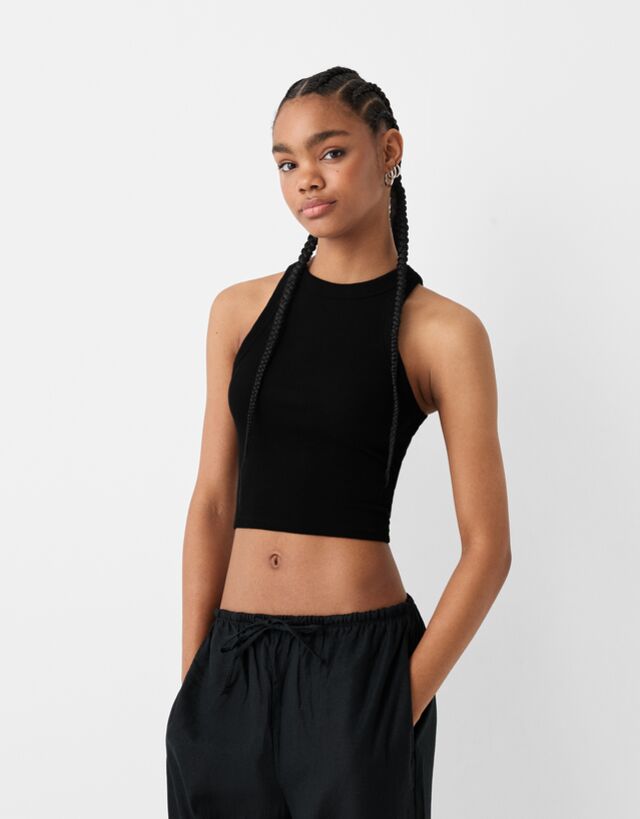 Bershka Ärmelloses Shirt Mit Patentmuster Damen 10-12 Schwarz günstig online kaufen