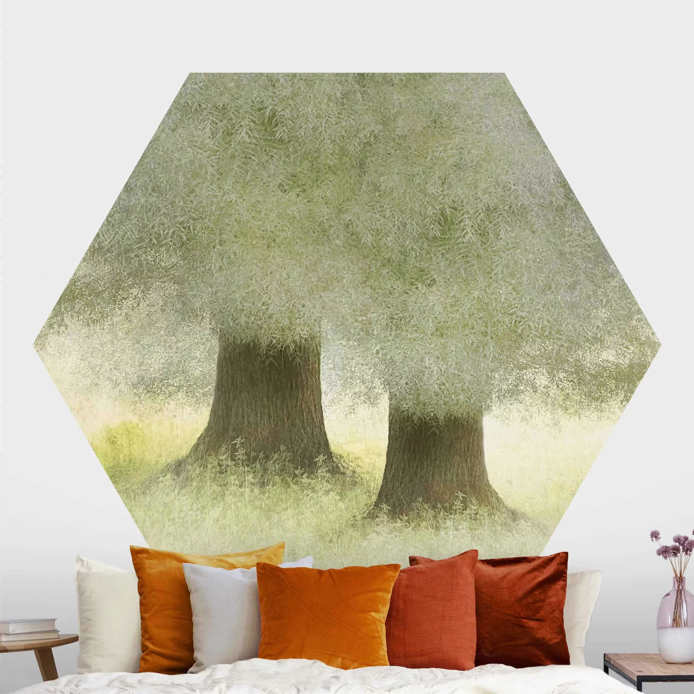 Hexagon Mustertapete selbstklebend Verträumtes Baumpaar günstig online kaufen