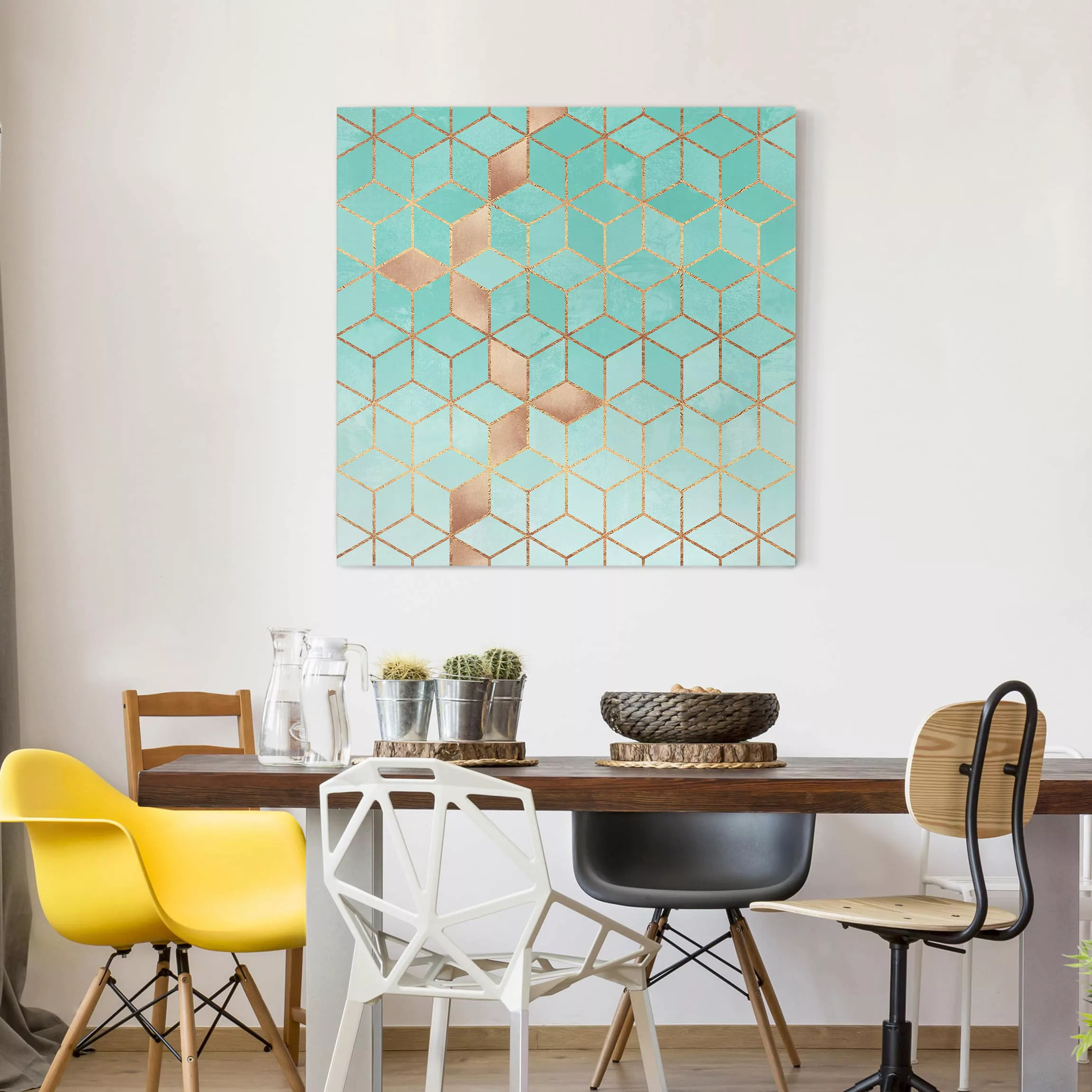 Leinwandbild Abstrakt - Quadrat Türkis Weiß goldene Geometrie günstig online kaufen