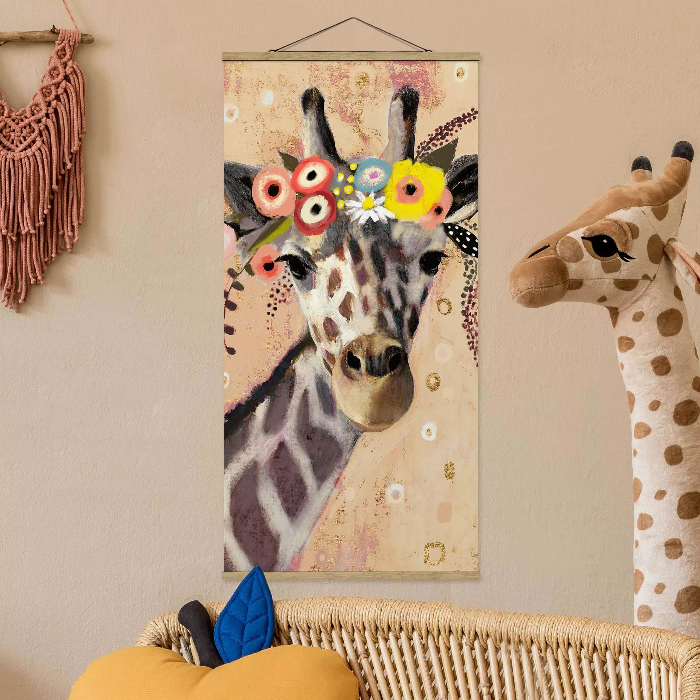 Stoffbild Tiere mit Posterleisten - Hochformat Klimt Giraffe günstig online kaufen